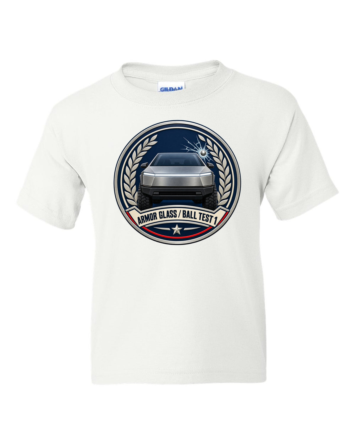 Round crest design of a 2023 Tesla Cybertruck with the words Armor Glass Ball Test 1 white kids tee front view with the design