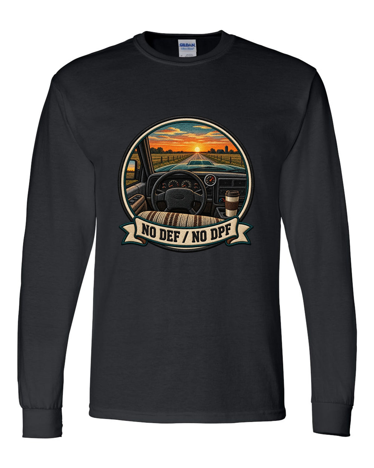 Varsity crest design of a 1998.5-2002 Dodge Ram 2nd gen 24V cab interior with the words No DEF No DPF black long sleeve front view with the design
