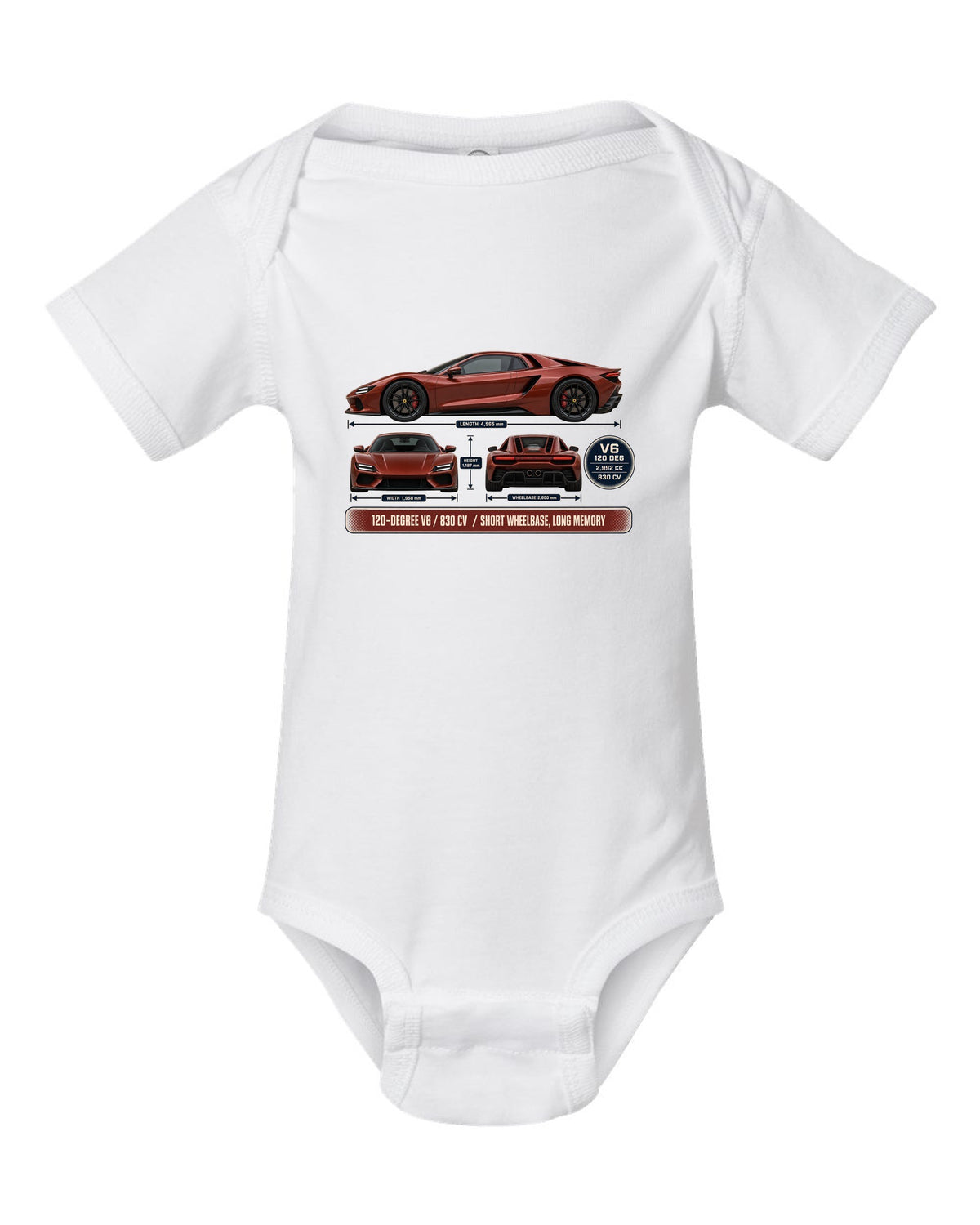 print three-view drawing with spec table of a Ferrari 296 GTB in brick red white baby onesie front view with the design