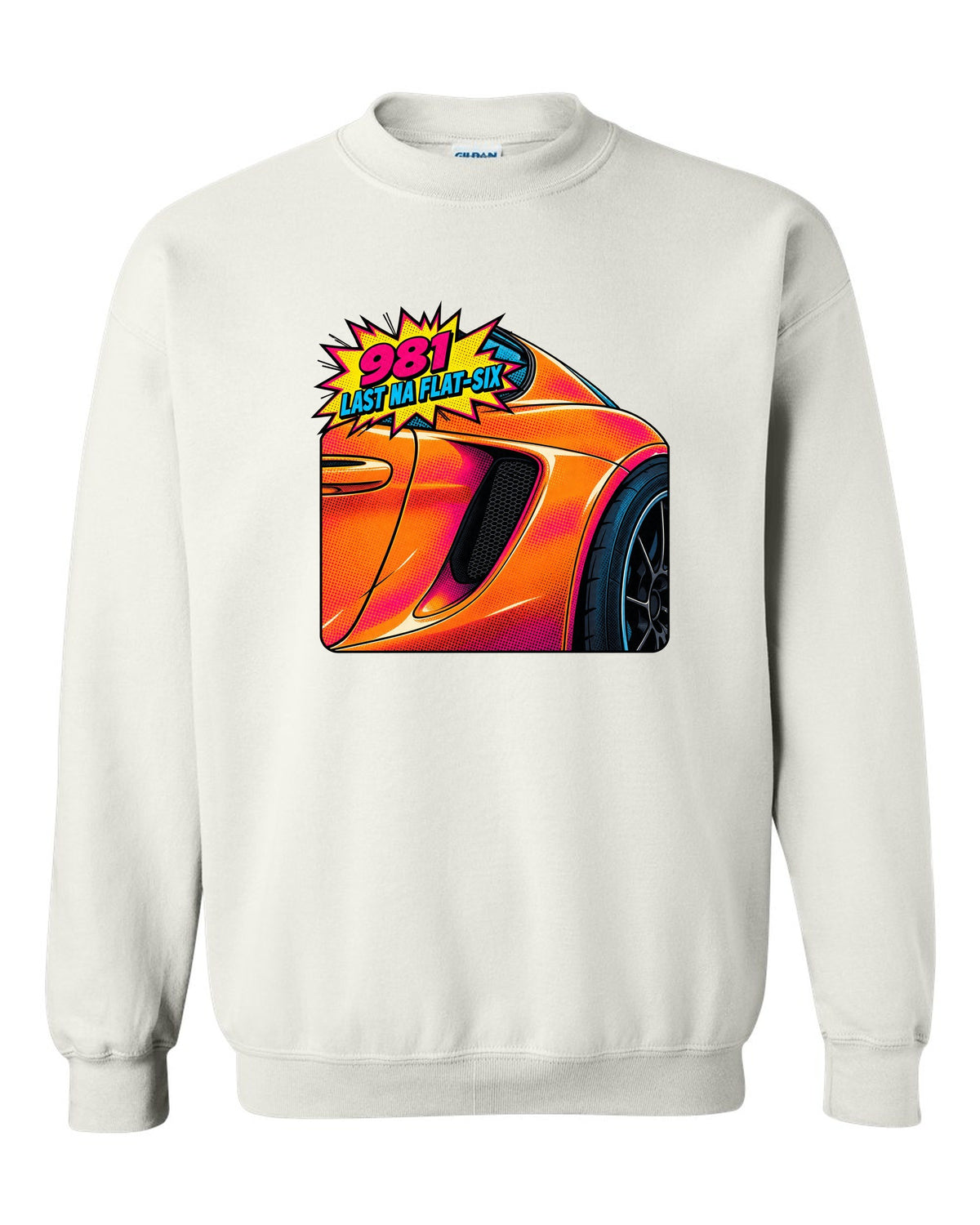 Pop-art halftone print of a Porsche 981 Cayman GTS intake with the text 981, last NA flat-six white crewneck front view with the design