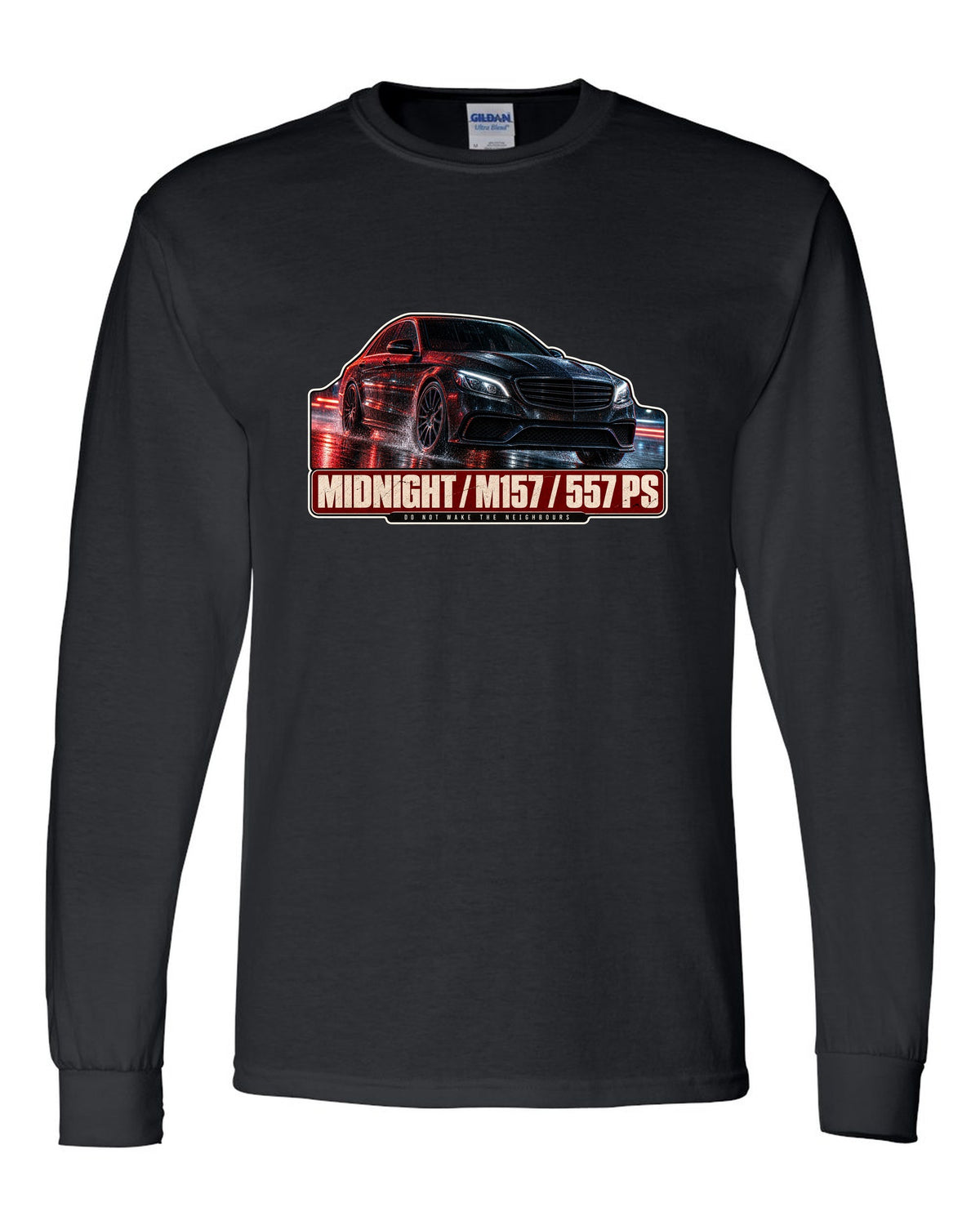 Night street print of a Mercedes-AMG E63 W212 facelift in blue and red light black long sleeve front view with the design