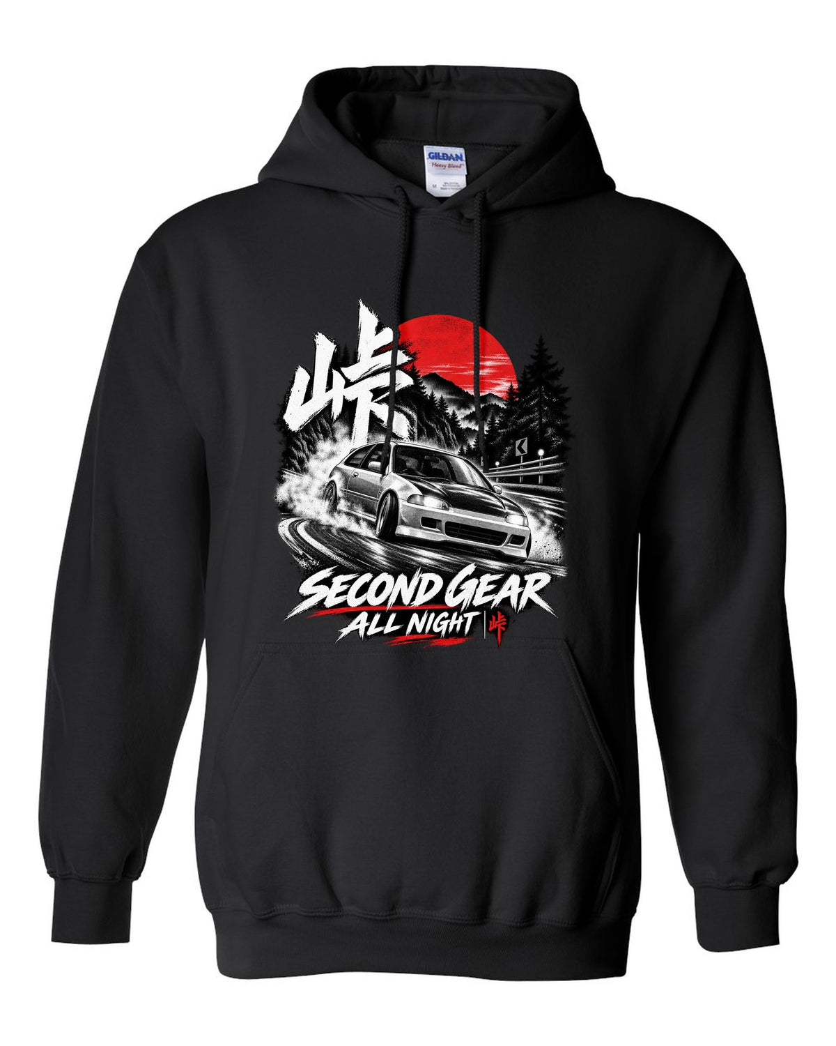 Touge night print of a 1992 Honda Civic EG6 SiR chback with second gear text black pull over hoodie front view with the design