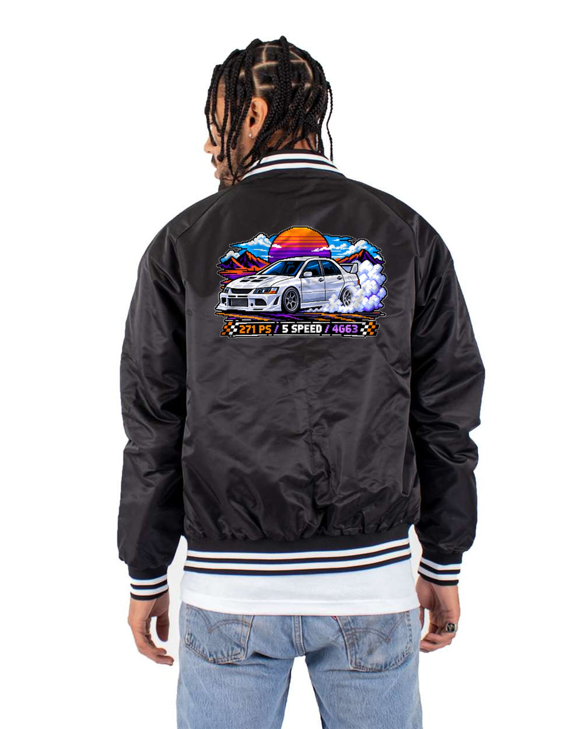 Evo VIII CT9A 8-Bit Pixel Art Burnout Shirt, 4G63 Car Tee Bomber Jacket Black back