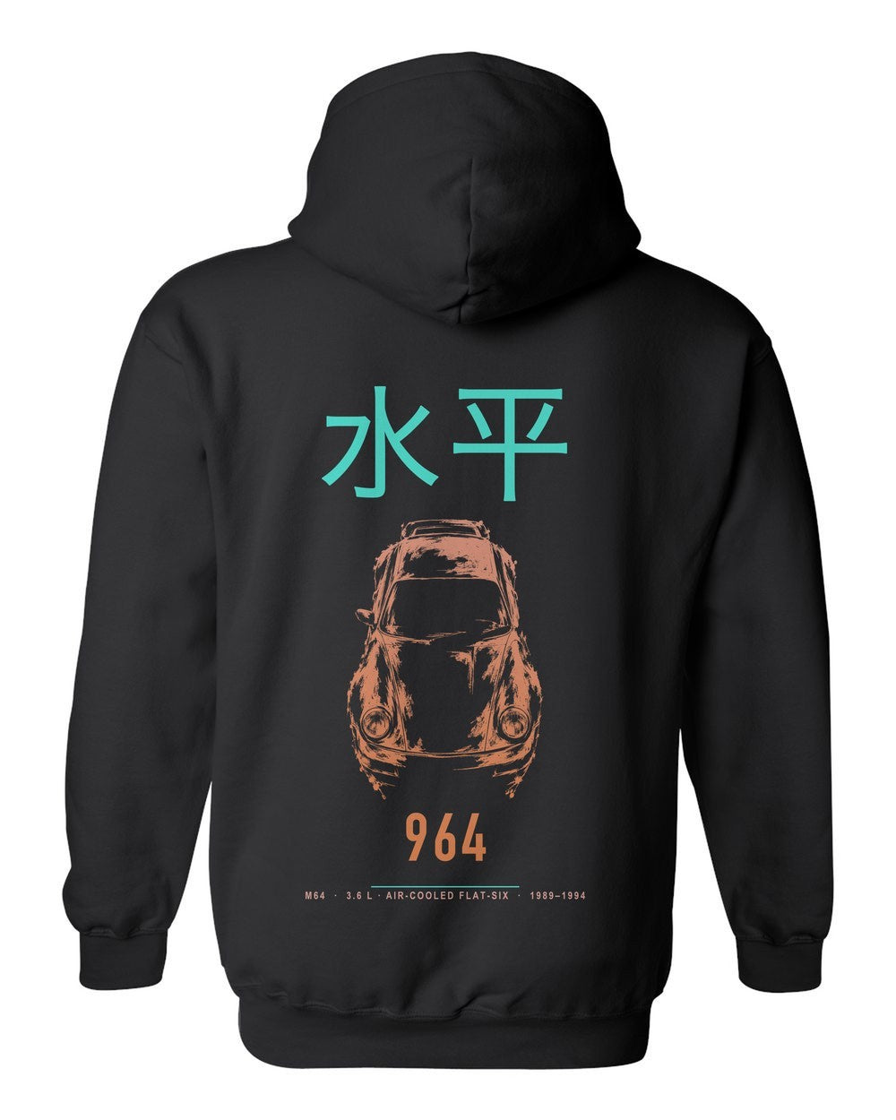 964 full-back artwork black pull over hoodie back view with the design