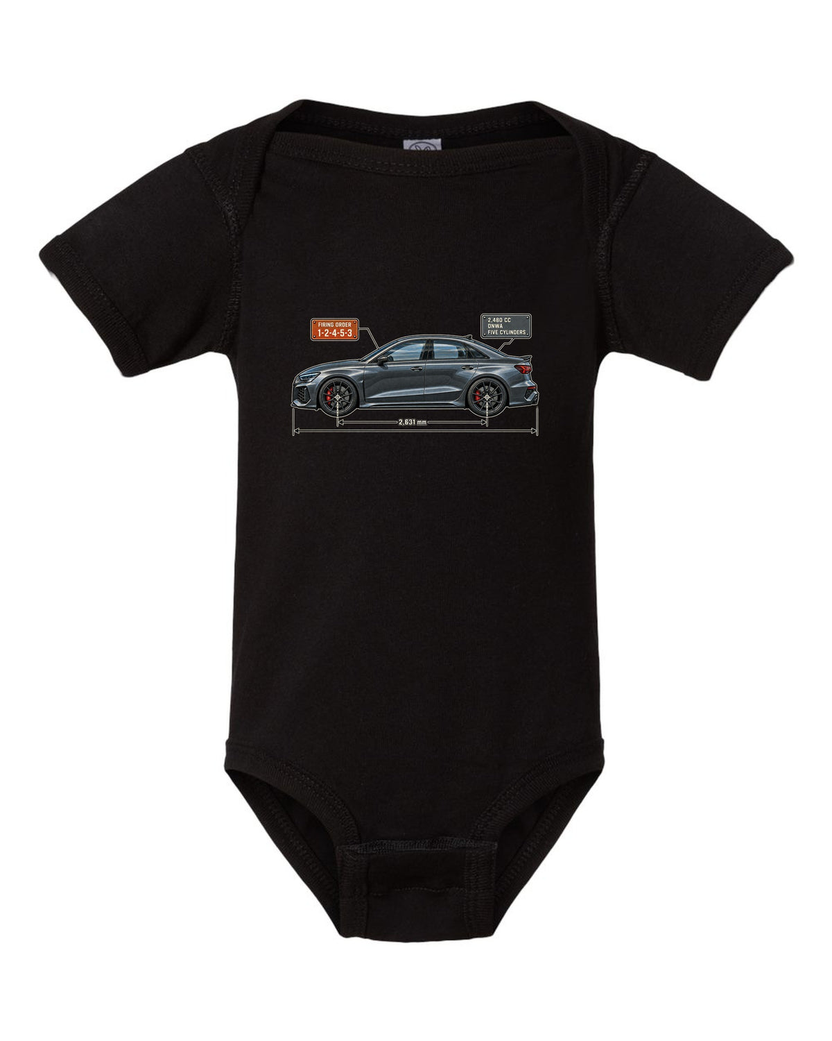 Blueprint of the Audi RS3 8Y sedan with 1-2-4-5-3 firing order black baby onesie front view with the design
