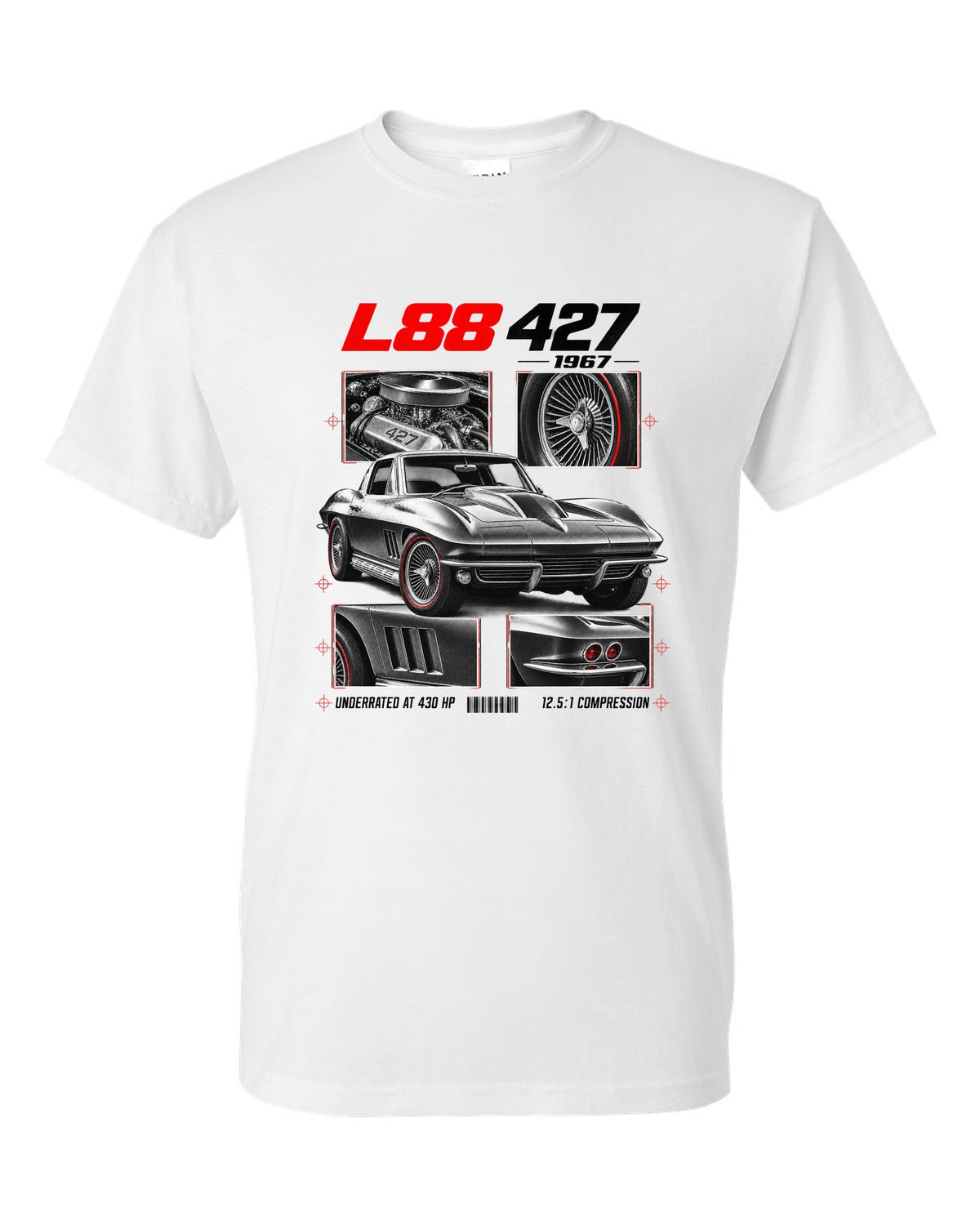 Chevrolet Corvette C2 Sting Ray 1967 L88 427 dossier print white t-shirt front view with the design