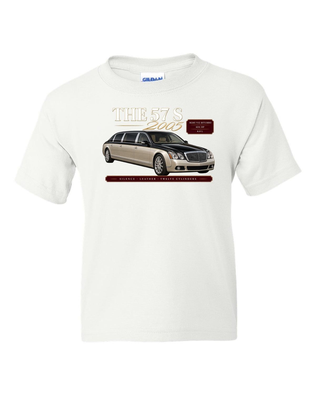 print archive panel of a Maybach 57 S W240 with text silence, leather, twelve cylinders white kids tee front view with the design