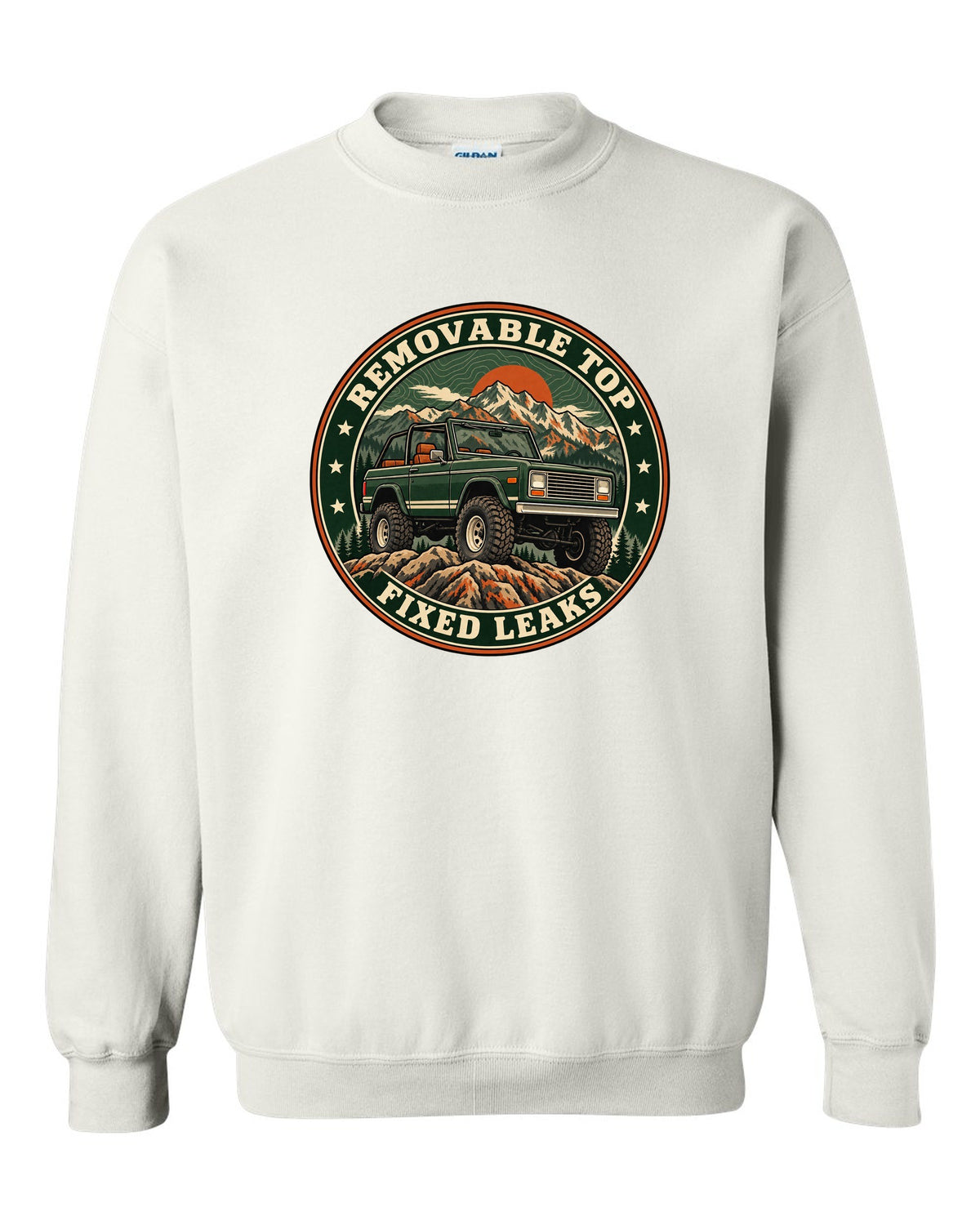 Topographic route map print for the 1973-91 Chevrolet K5 Blazer with removable top text white crewneck front view with the design