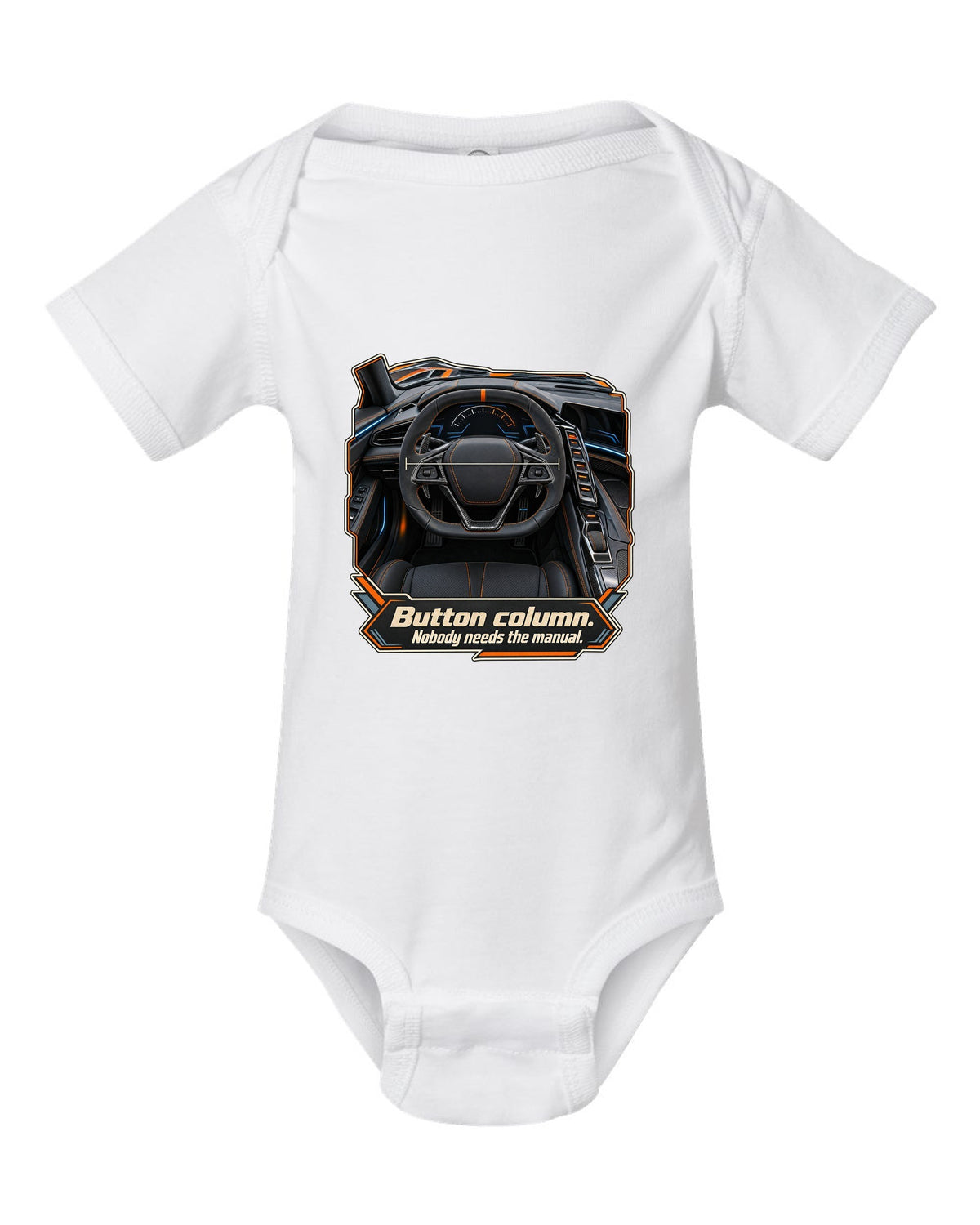 print of a Chevrolet Corvette C8 ZR1 cockpit with gauges and button column text white baby onesie front view with the design