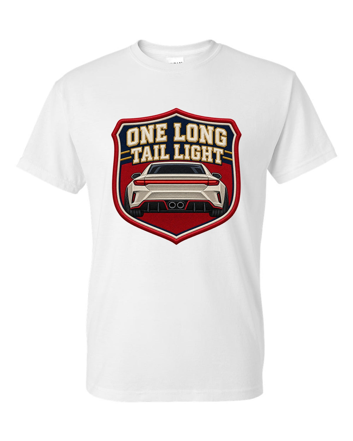 Embroidery varsity crest print of a Hyundai Elantra N CN7 rear with one long tail light text white t-shirt front view with the design