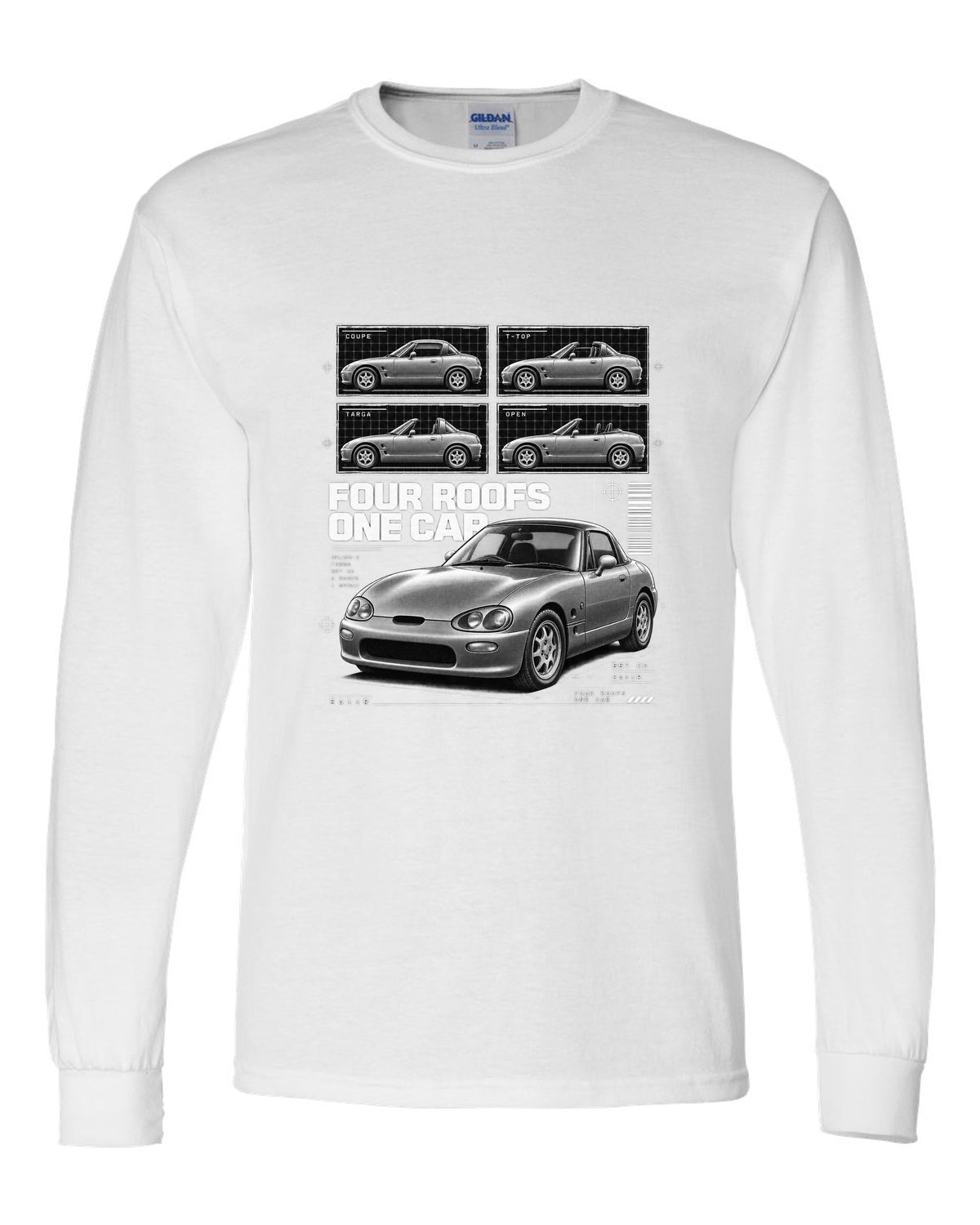 Dossier panel print of a Suzuki Cappuccino EA11R kei roadster white long sleeve front view with the design