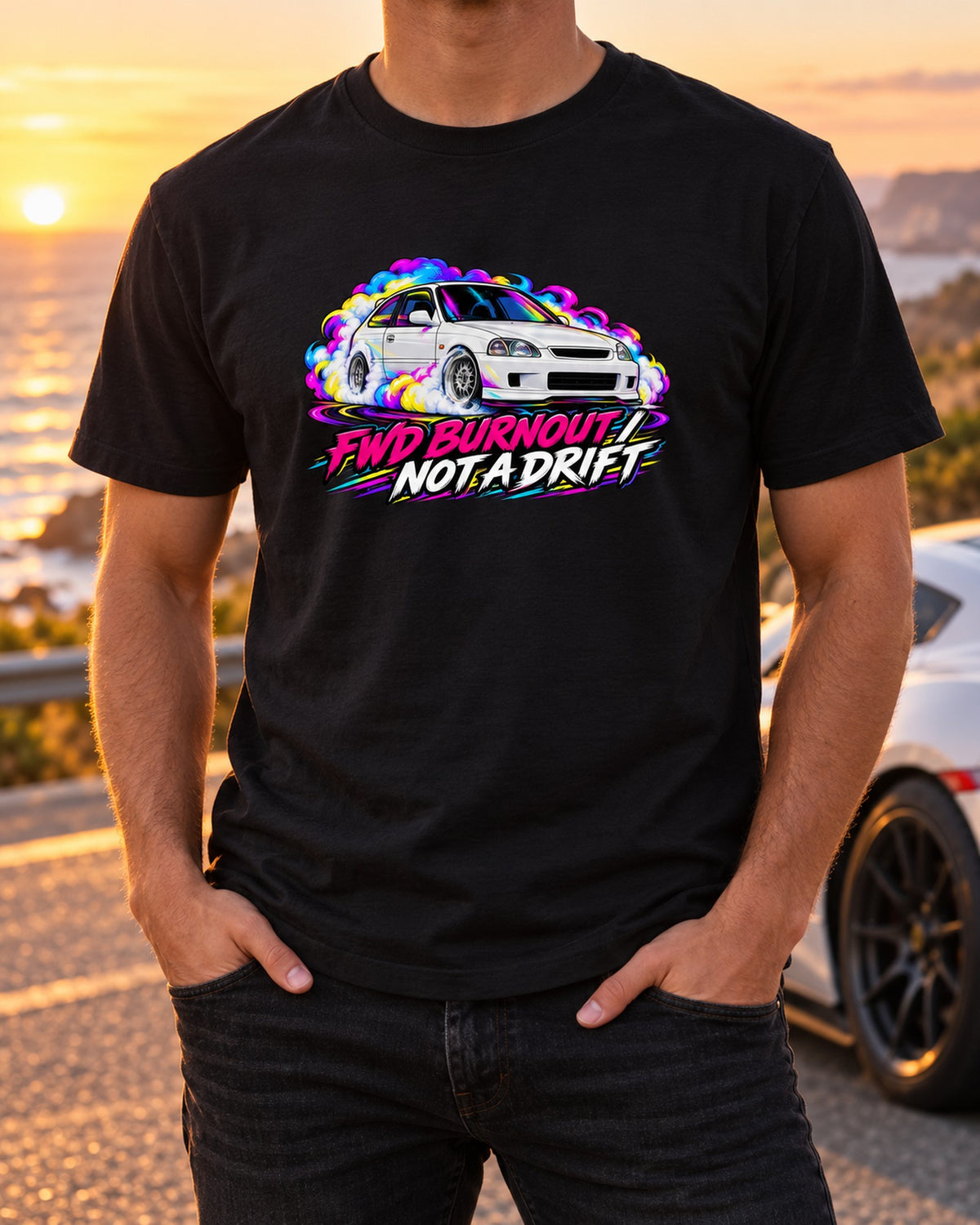Honda Civic Type R EK9 Neon Pop FWD Burnout Shirt T-Shirt Black worn hero