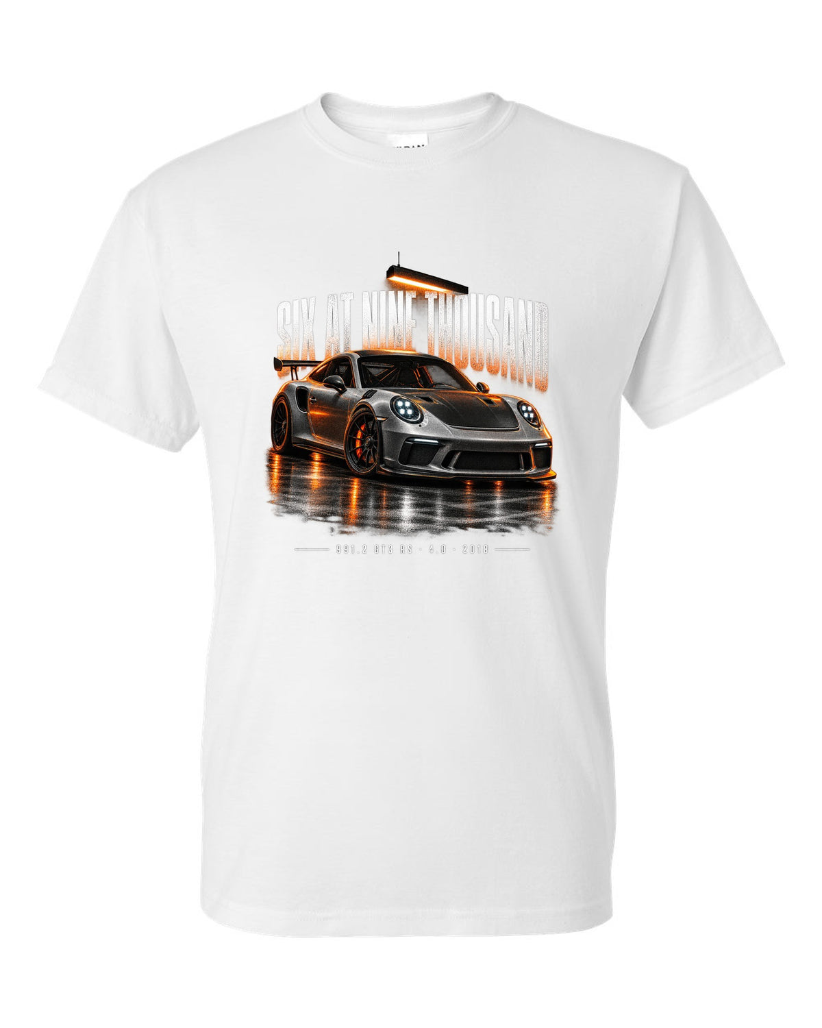 Garage night poster print of a 2018 Porsche 911 GT3 RS 991.2 white t-shirt front view with the design