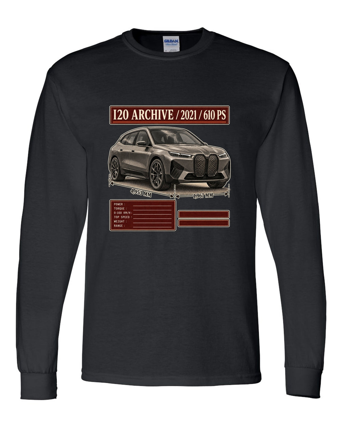 Archive panel print of the BMW iX M60 I20 with 2021 and 610 PS black long sleeve front view with the design