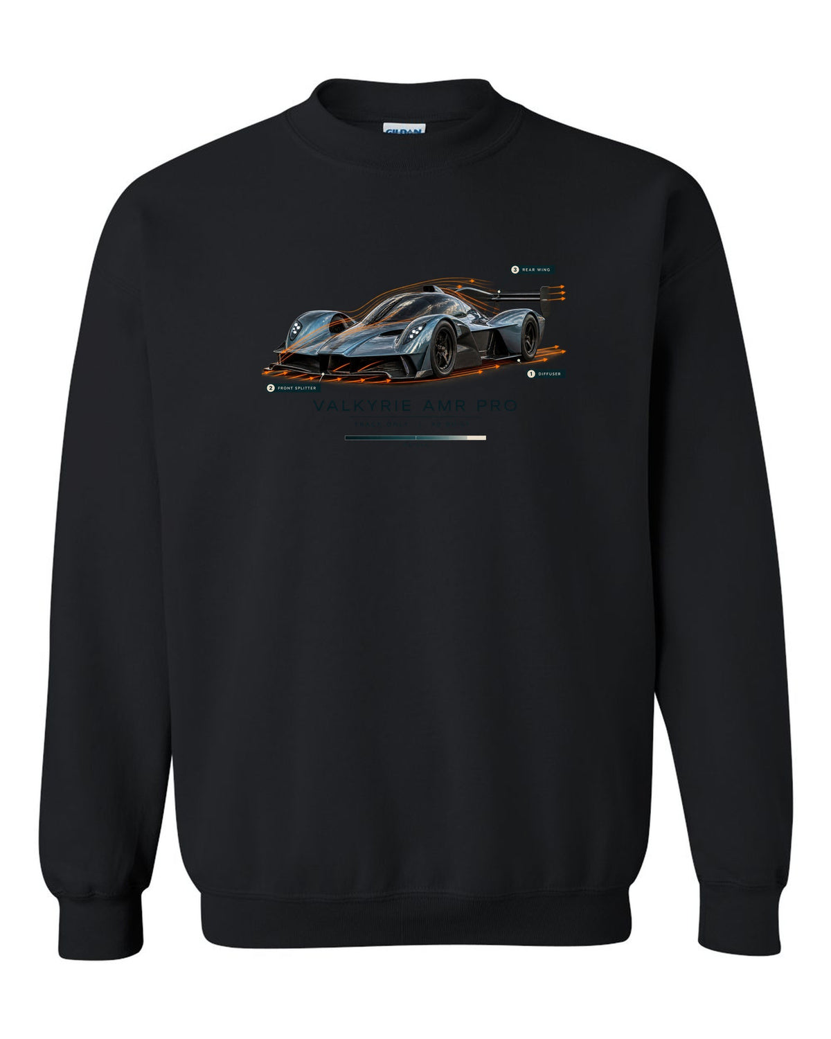 Aston Martin Valkyrie AMR Pro 2022 airflow cutaway print with track only 40 built text black crewneck front view with the design