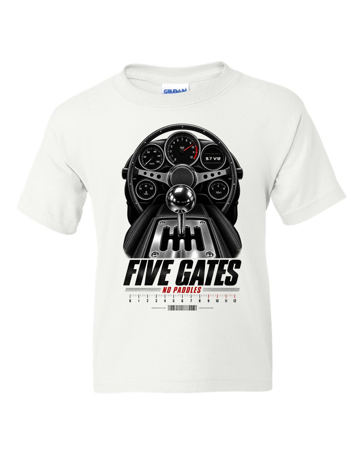 print of a Lamborghini Diablo cockpit with gated five-speed shifter and 5.7 V12 text white kids tee front view with the design