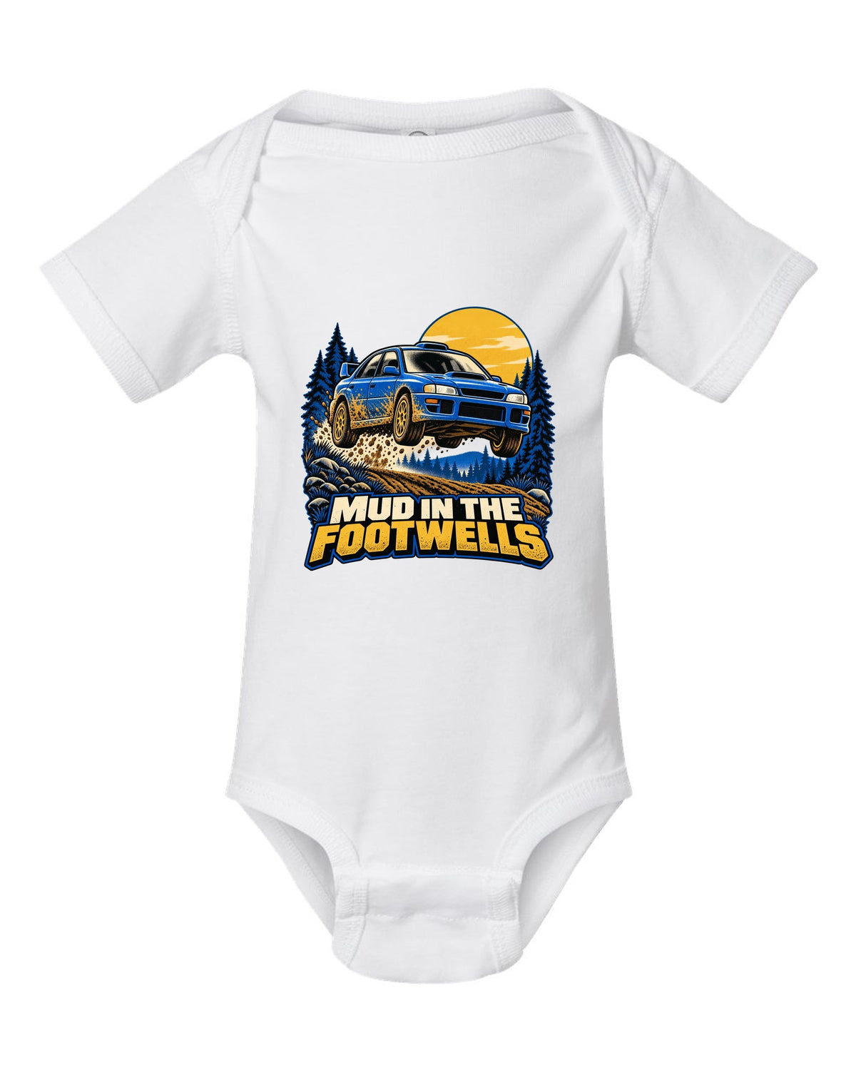 Comic halftone pop-art of a Subaru WRX STI GRB chback doing a burnout white baby onesie front view with the design