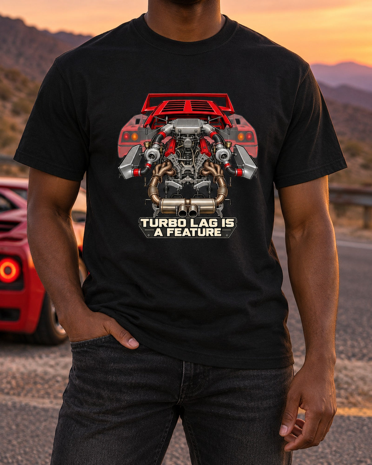 Ferrari F40 Engine Cutaway Shirt, Turbo Lag Is A Feature T-Shirt Black worn hero