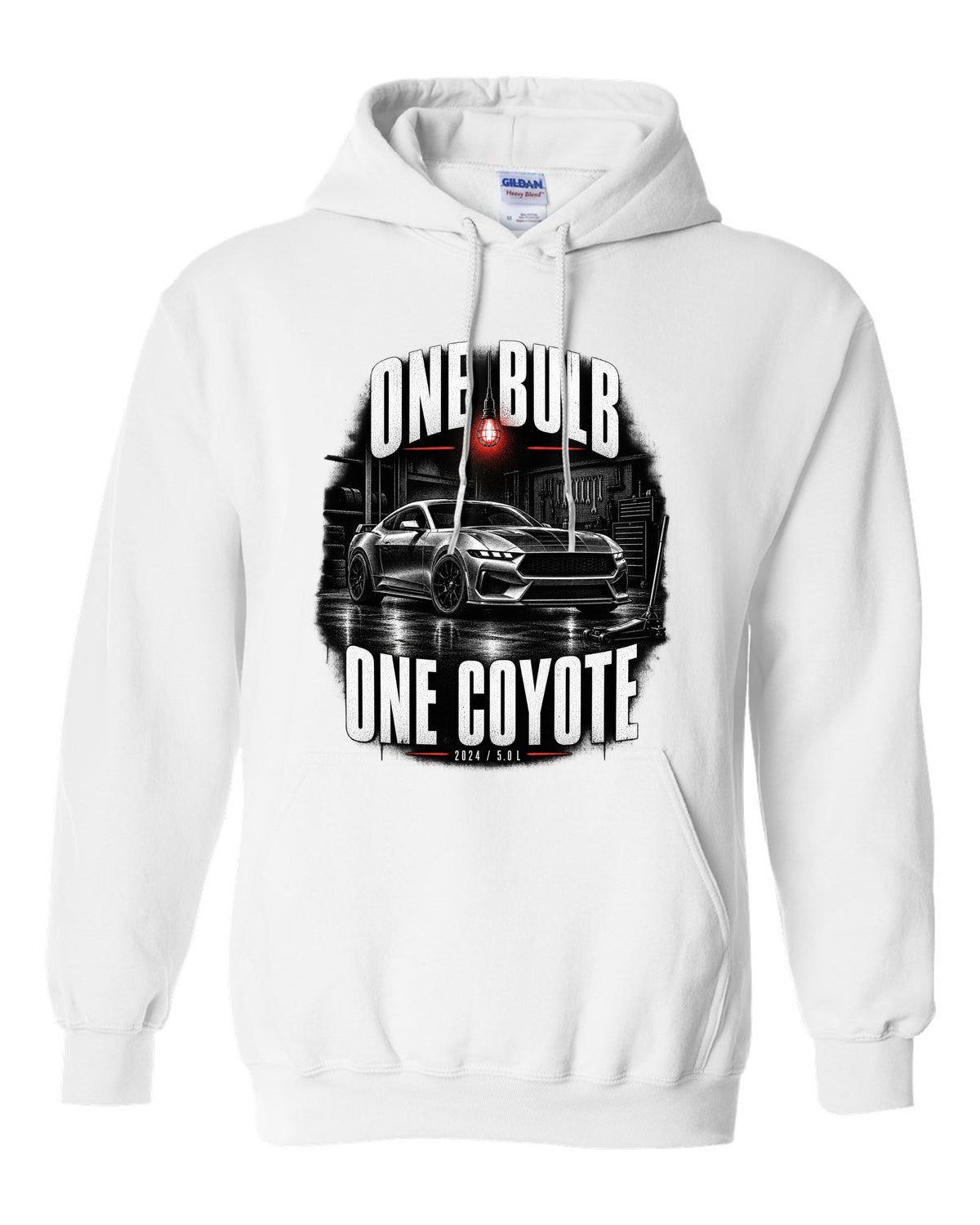 Ford Mustang S650 GT coupe in a dimly lit garage, one bulb one Coyote print white pull over hoodie front view with the design