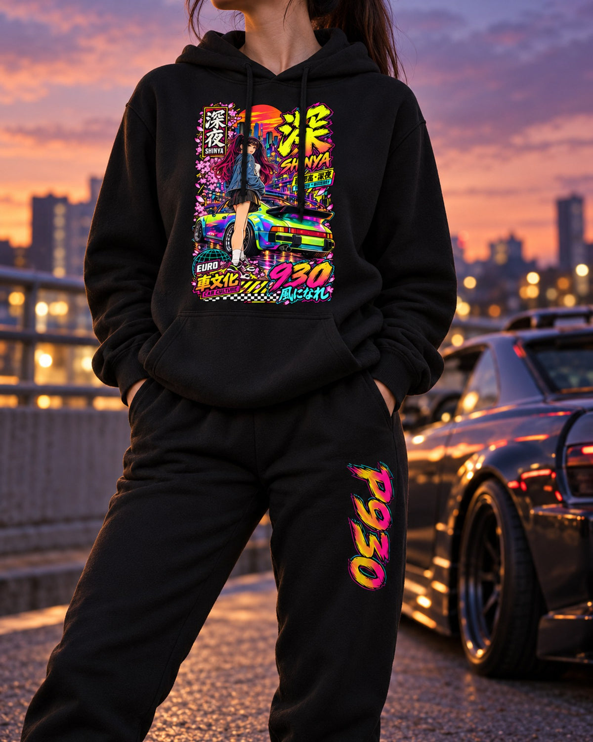 P930 Shinya Anime Girl Poster Hoodie + Jogger Set Black worn hero