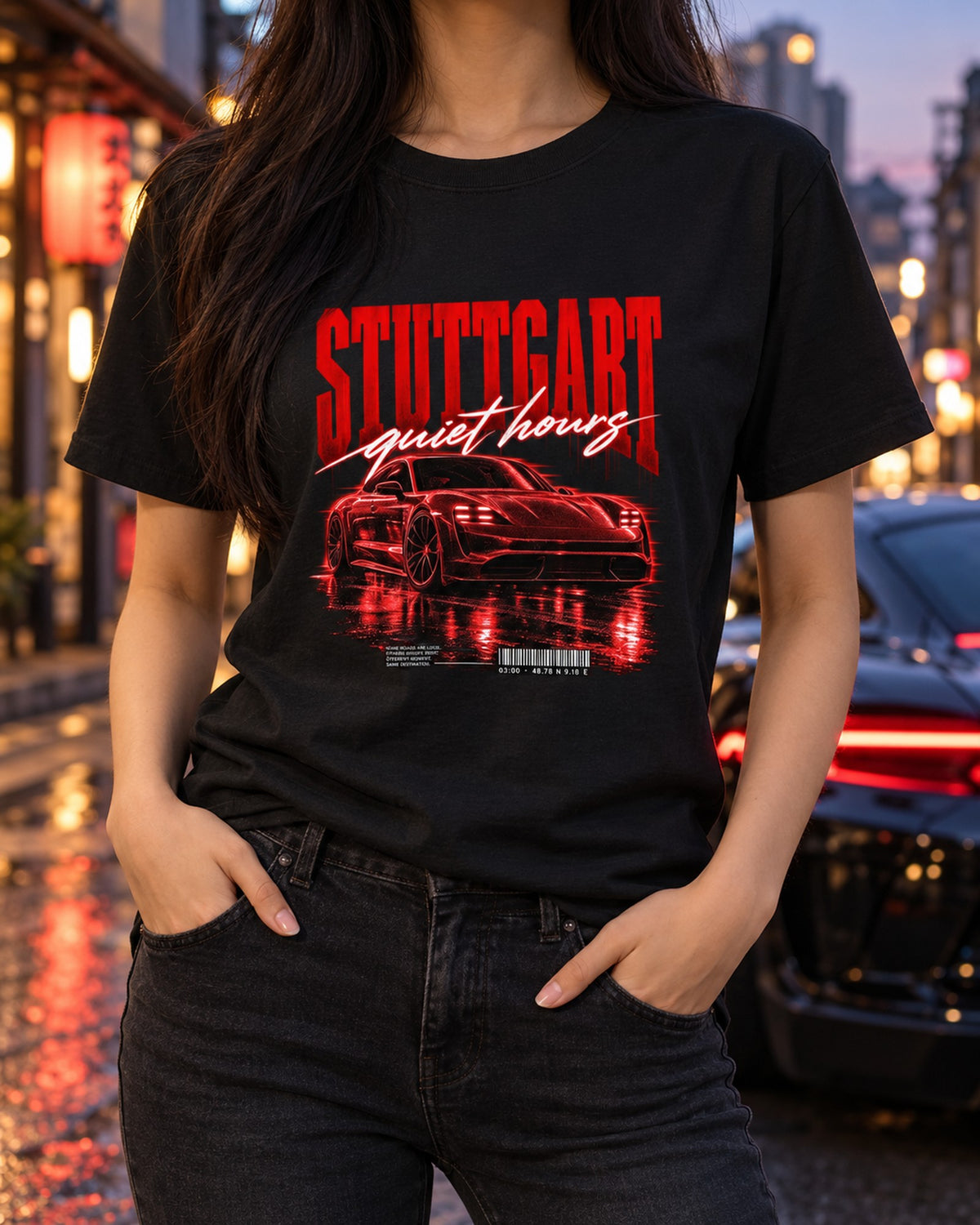 Porsche Taycan Turbo S 9J1 Stuttgart Street Poster Shirt T-Shirt Black worn hero