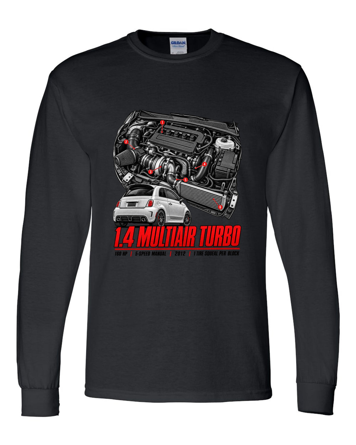 Fiat 500 Abarth engine bay hero poster with 1.4 MultiAir turbo figures black long sleeve front view with the design