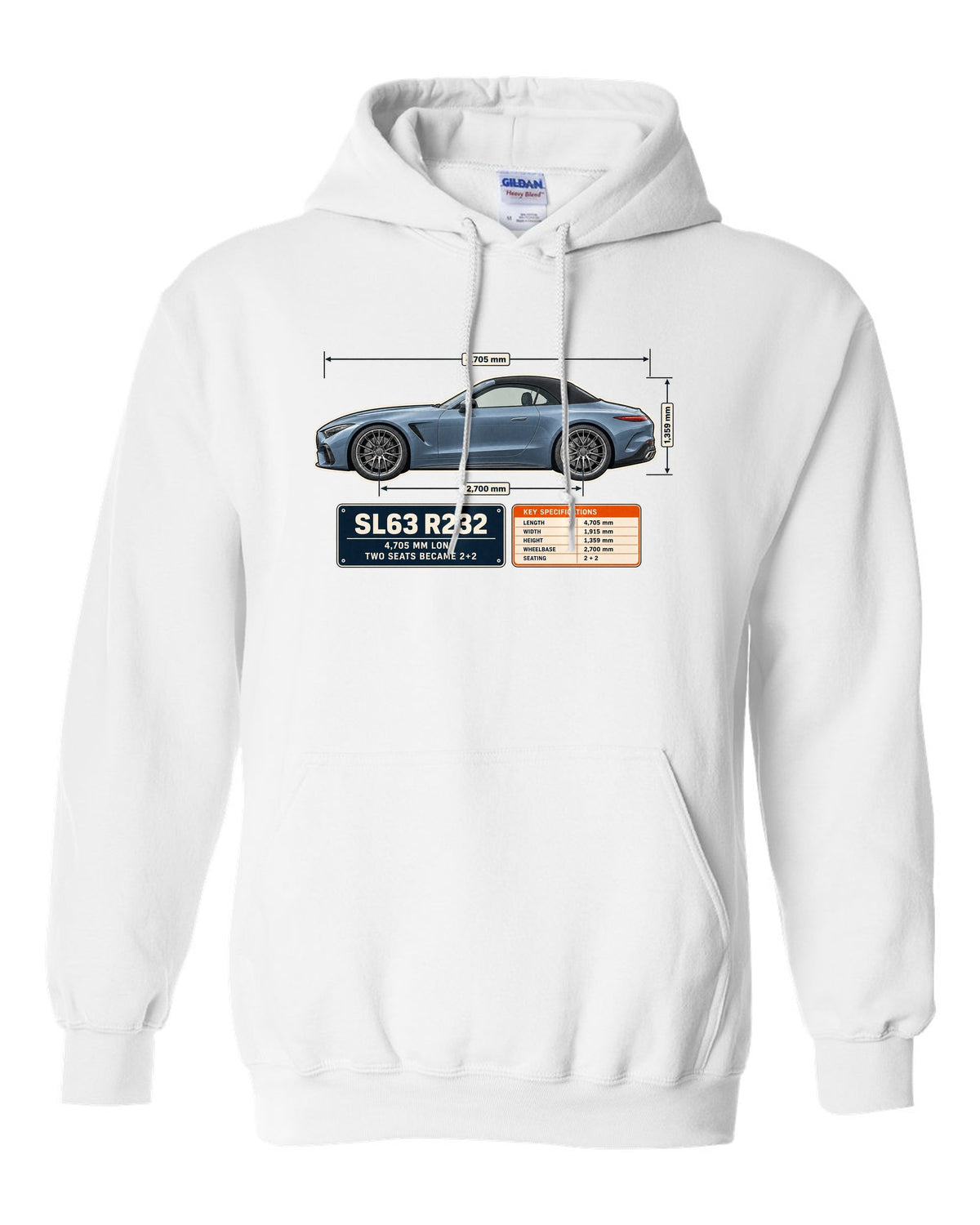 Mercedes-AMG SL63 R232 Dimension Blueprint white pull over hoodie front view with the design