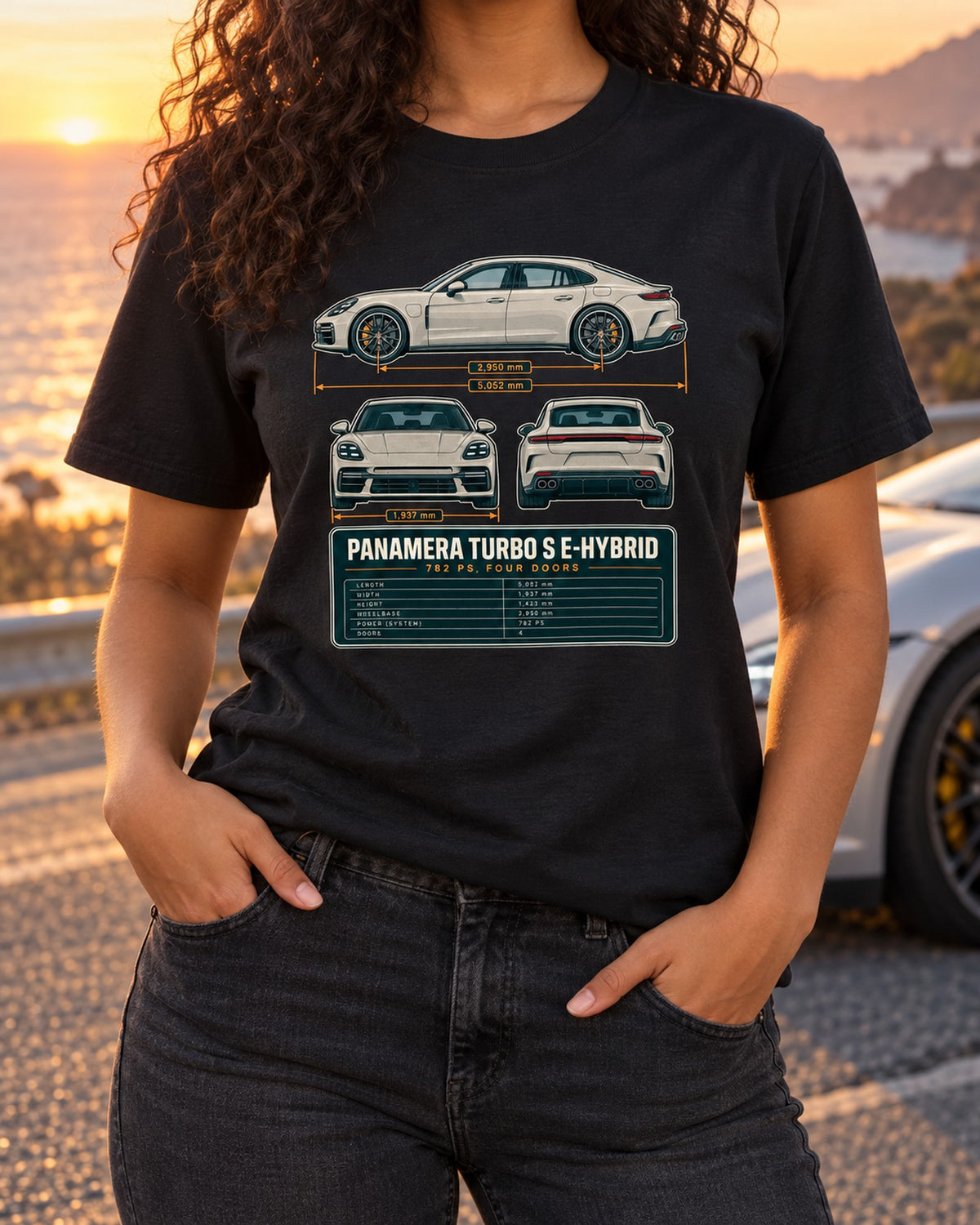 Porsche Panamera Turbo S E-Hybrid G3 Three-View Spec Shirt T-Shirt Black worn hero