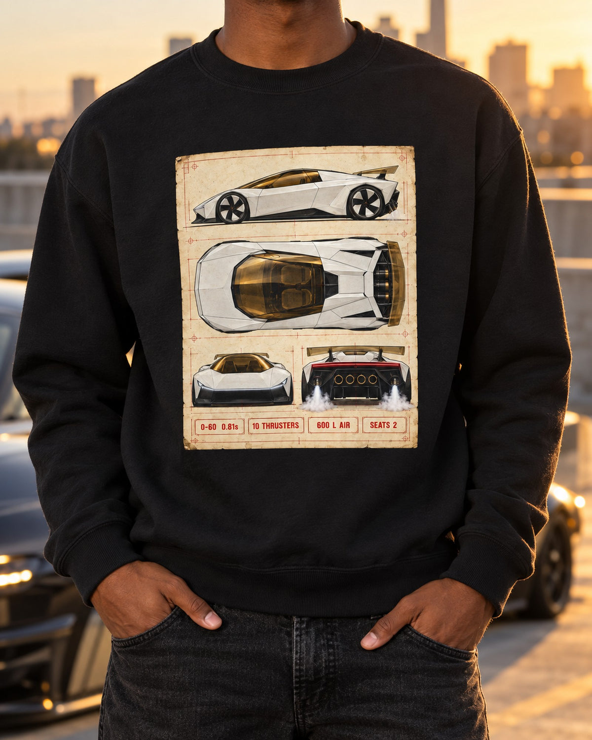 Tesla Roadster Spec Sheet Shirt, Hoodie & More Crewneck Black worn hero