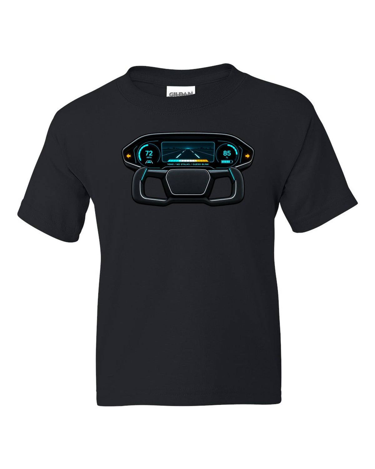 Gauge-cluster HUD design for a 2021 Tesla Model S Plaid with the words Yoke No Stalks Guess Blink black kids tee front view with the design
