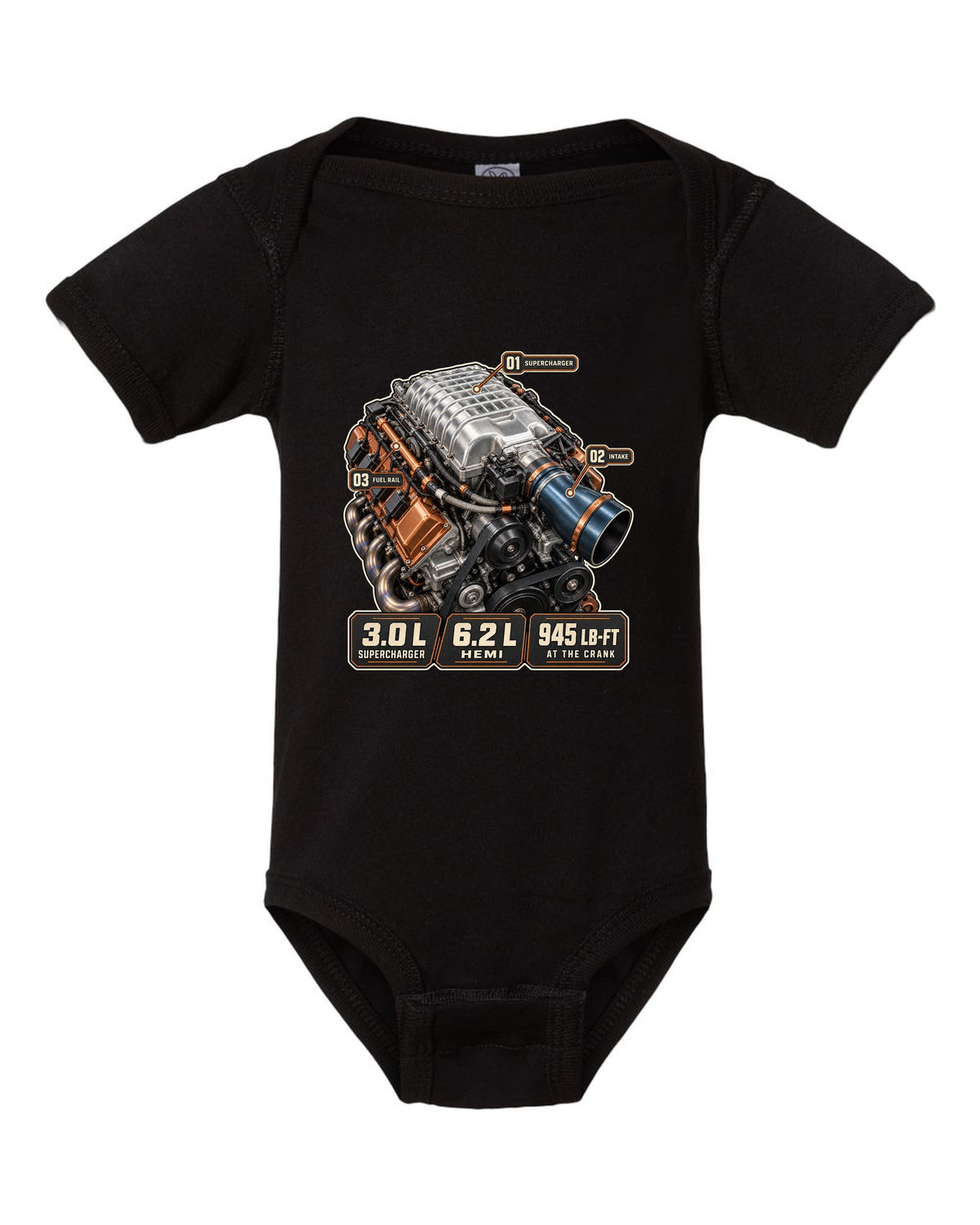 Dodge Challenger SRT Demon 170 supercharged Hemi engine hero print black baby onesie front view with the design
