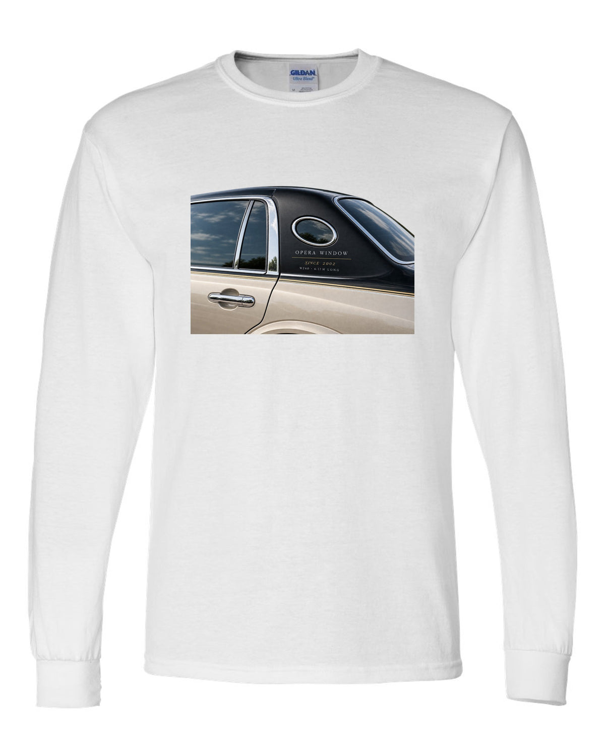 Detail macro print of a Maybach 62 W240 opera window with Since 2002 lettering white long sleeve front view with the design