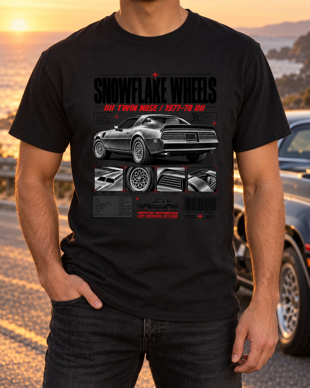 Pontiac Firebird Formula 1978 Dossier Shirt, Snowflake Wheels T-Shirt Black worn hero