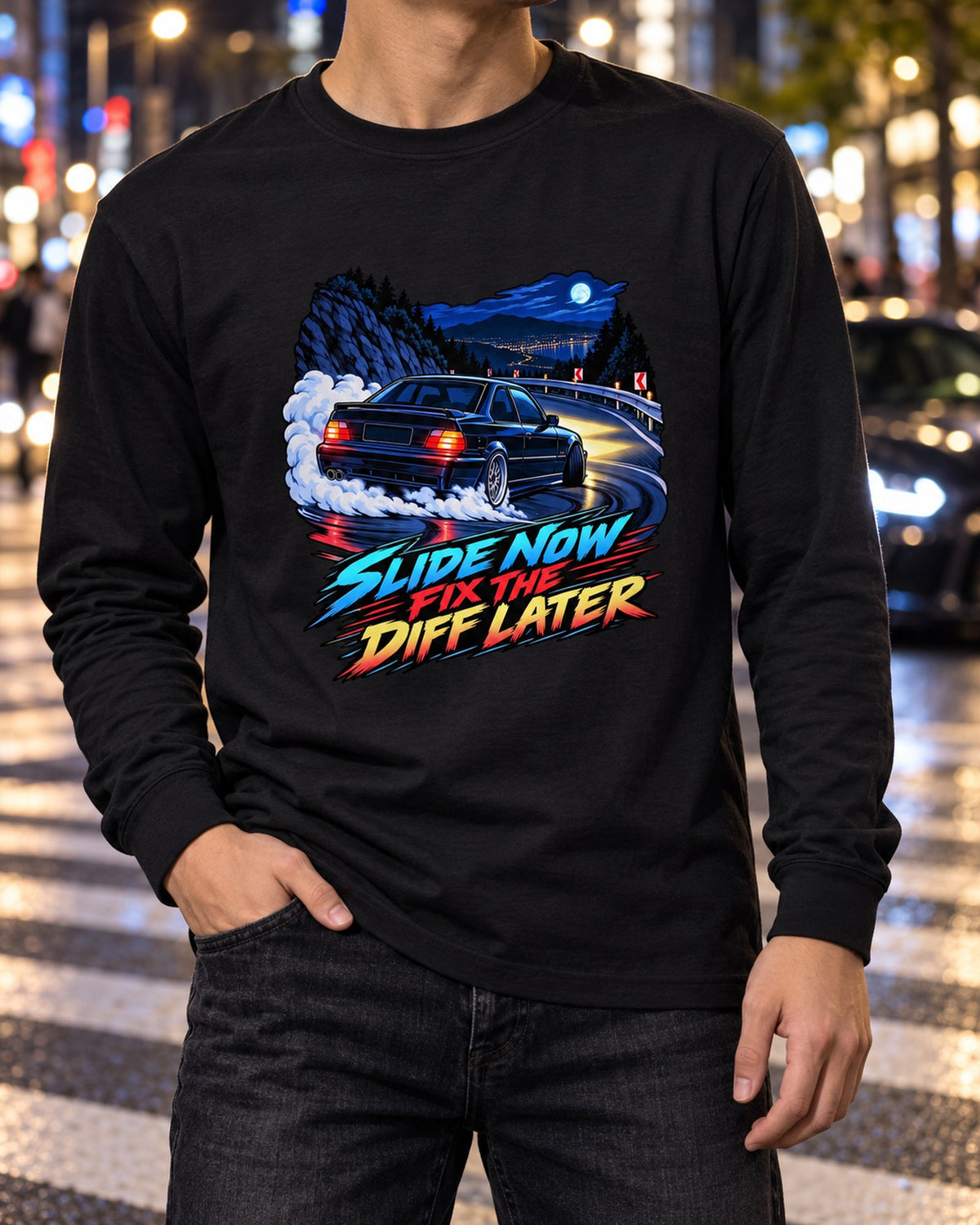 BMW E36 M3 S50 Spec Sheet Shirt, Car Guy Tee Long Sleeve Black worn hero