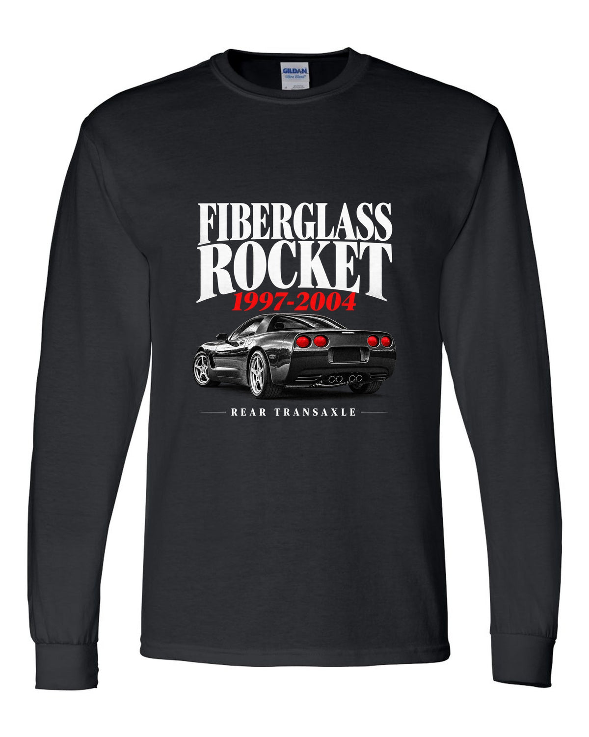 Corvette C5 coupe editorial headline print with rear transaxle text black long sleeve front view with the design