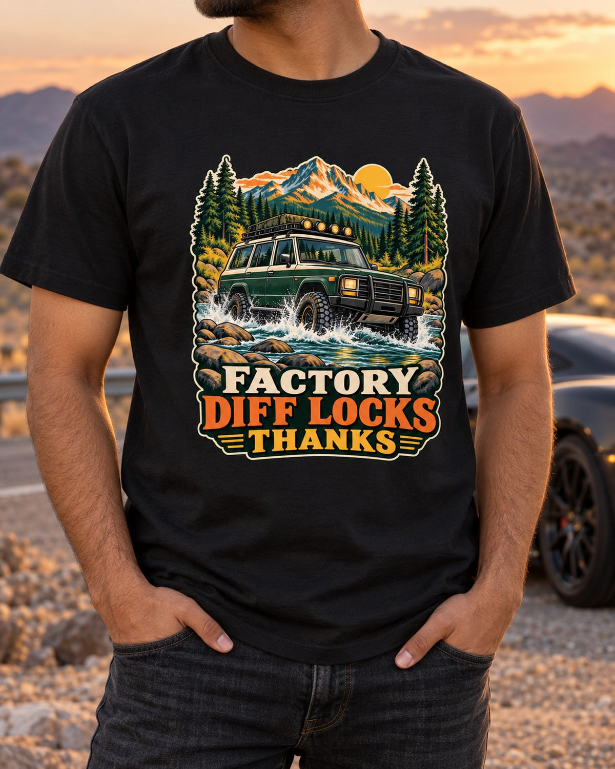 Land Cruiser FZJ80 Retro National Park Poster Tee, Offroad Gift T-Shirt Black worn hero