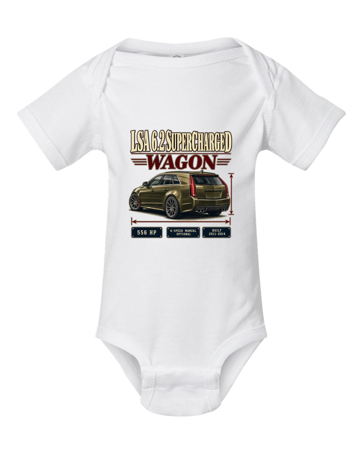 Archive panel print of a 2011-14 Cadillac CTS-V Sport Wagon white baby onesie front view with the design