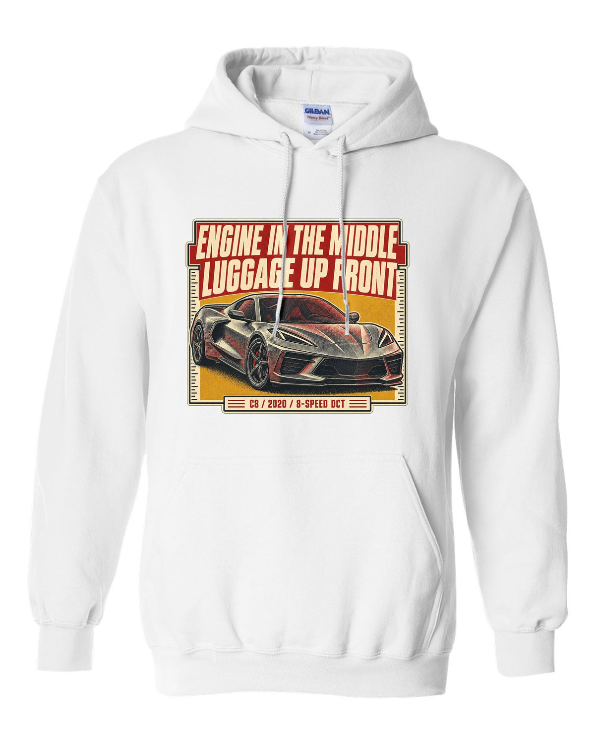 Halftone print of a Chevrolet Corvette C8 Stingray with engine in the middle text white pull over hoodie front view with the design