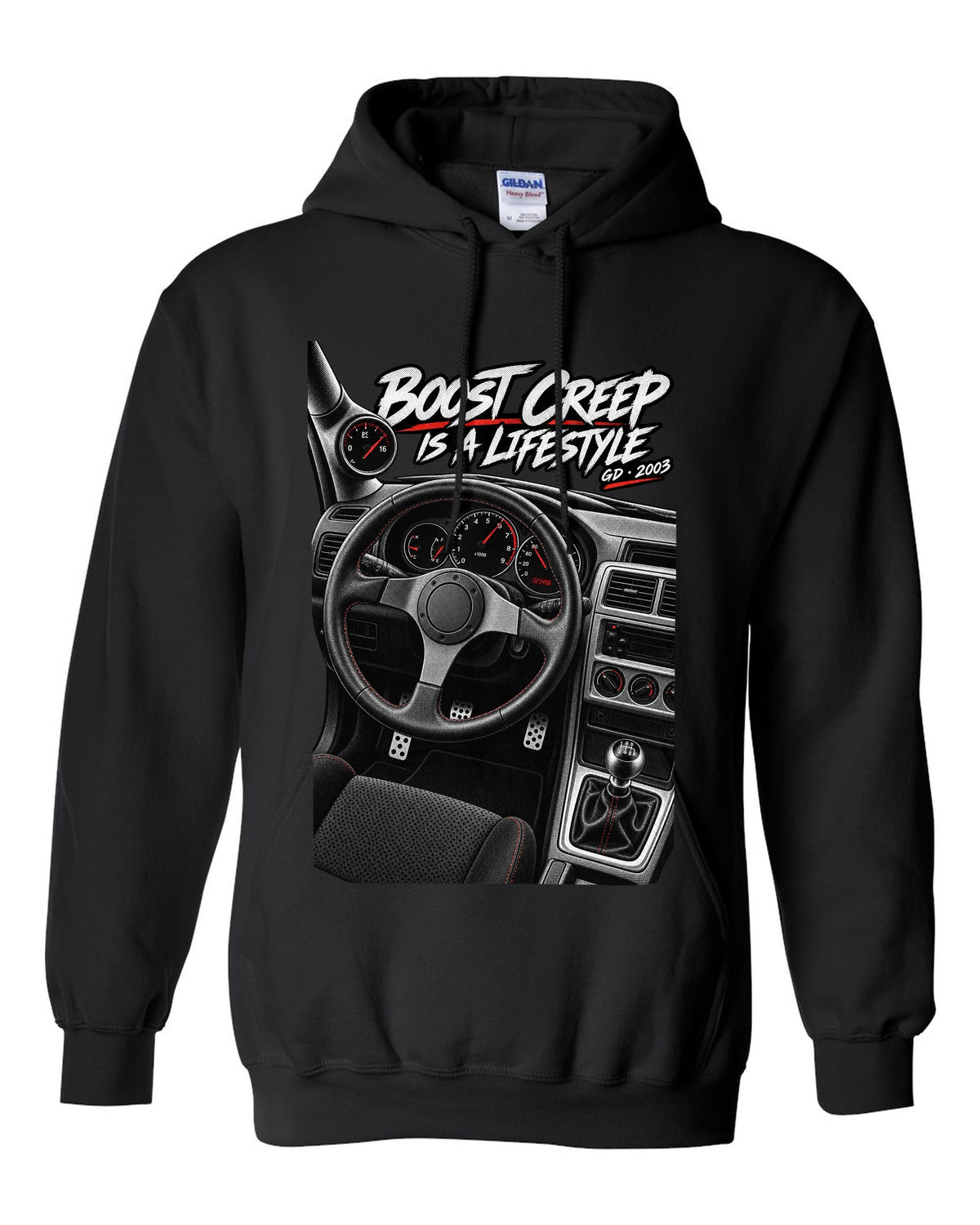 Boost gauge cockpit print for a Subaru Impreza WRX GD Blobeye with boost creep text black pull over hoodie front view with the design