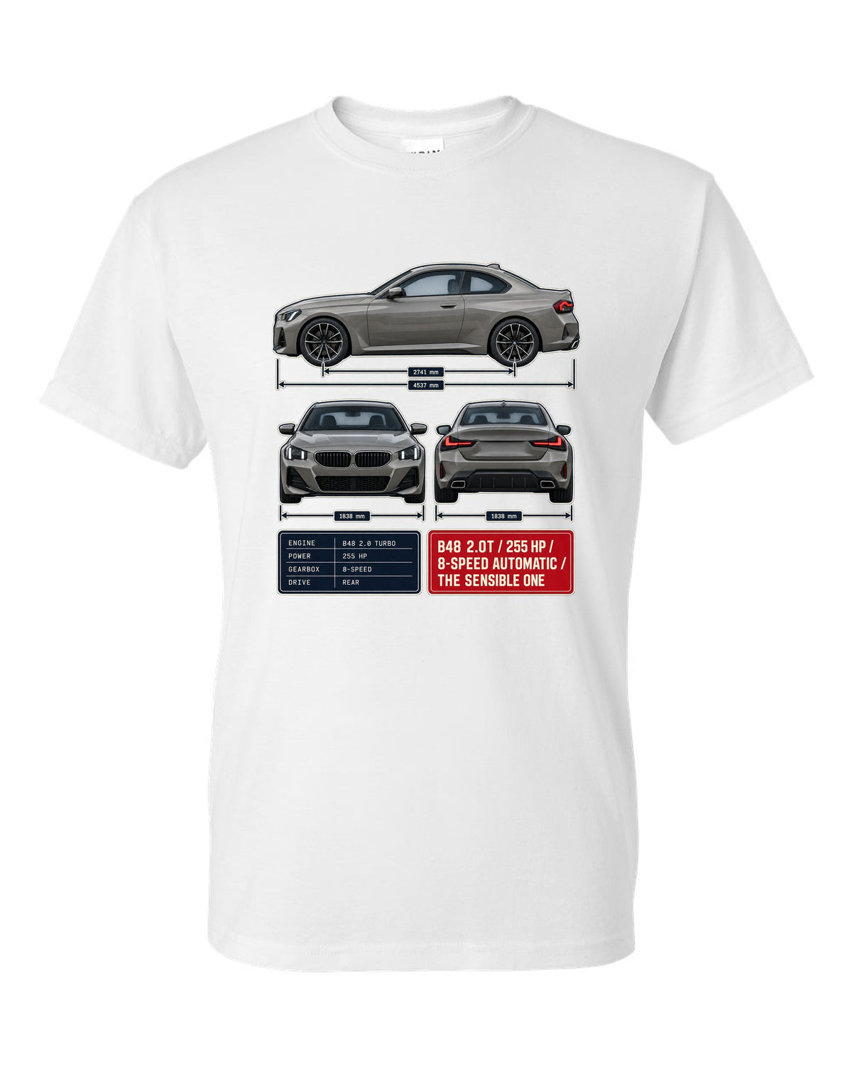 BMW 230i G42 coupe three-view drawing with spec table print white t-shirt front view with the design
