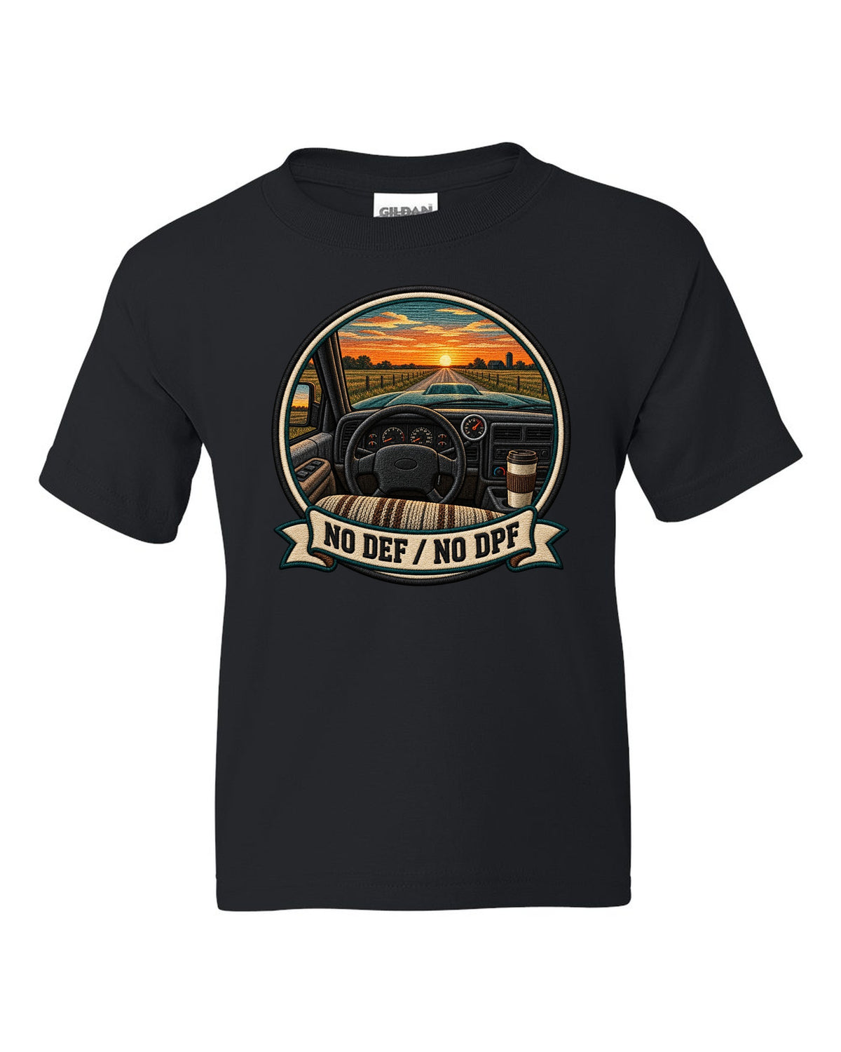 Varsity crest design of a 1998.5-2002 Dodge Ram 2nd gen 24V cab interior with the words No DEF No DPF black kids tee front view with the design