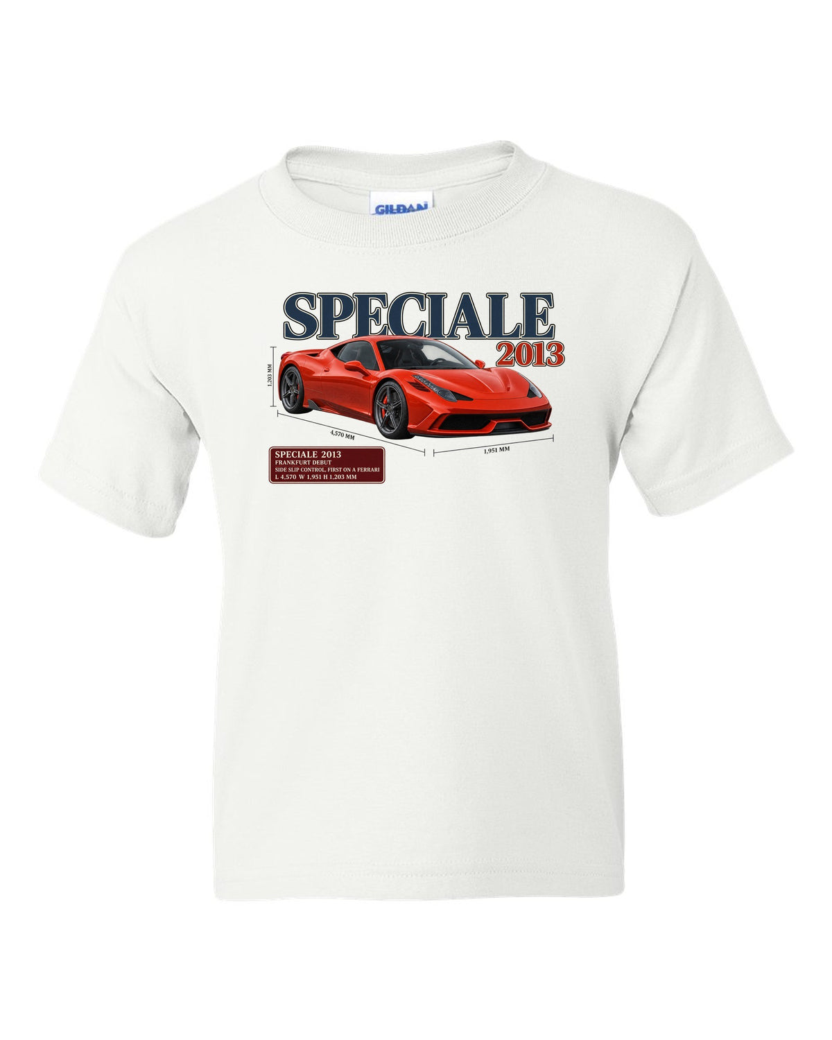 Archive panel print of the Ferrari 458 Speciale in red-orange white kids tee front view with the design