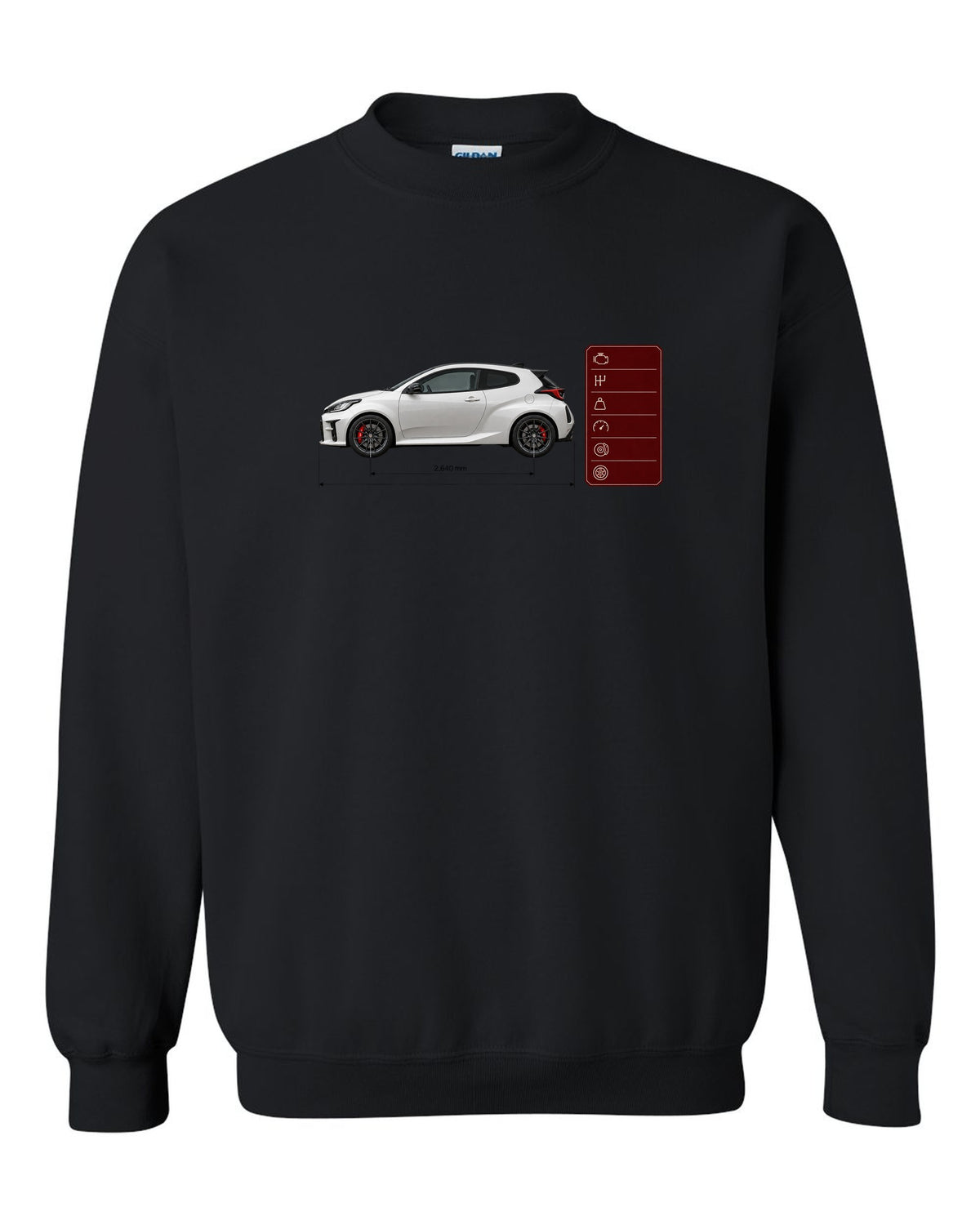 Pearl white-grey Toyota GR Yaris Circuit Package spec poster with homologation text black crewneck front view with the design