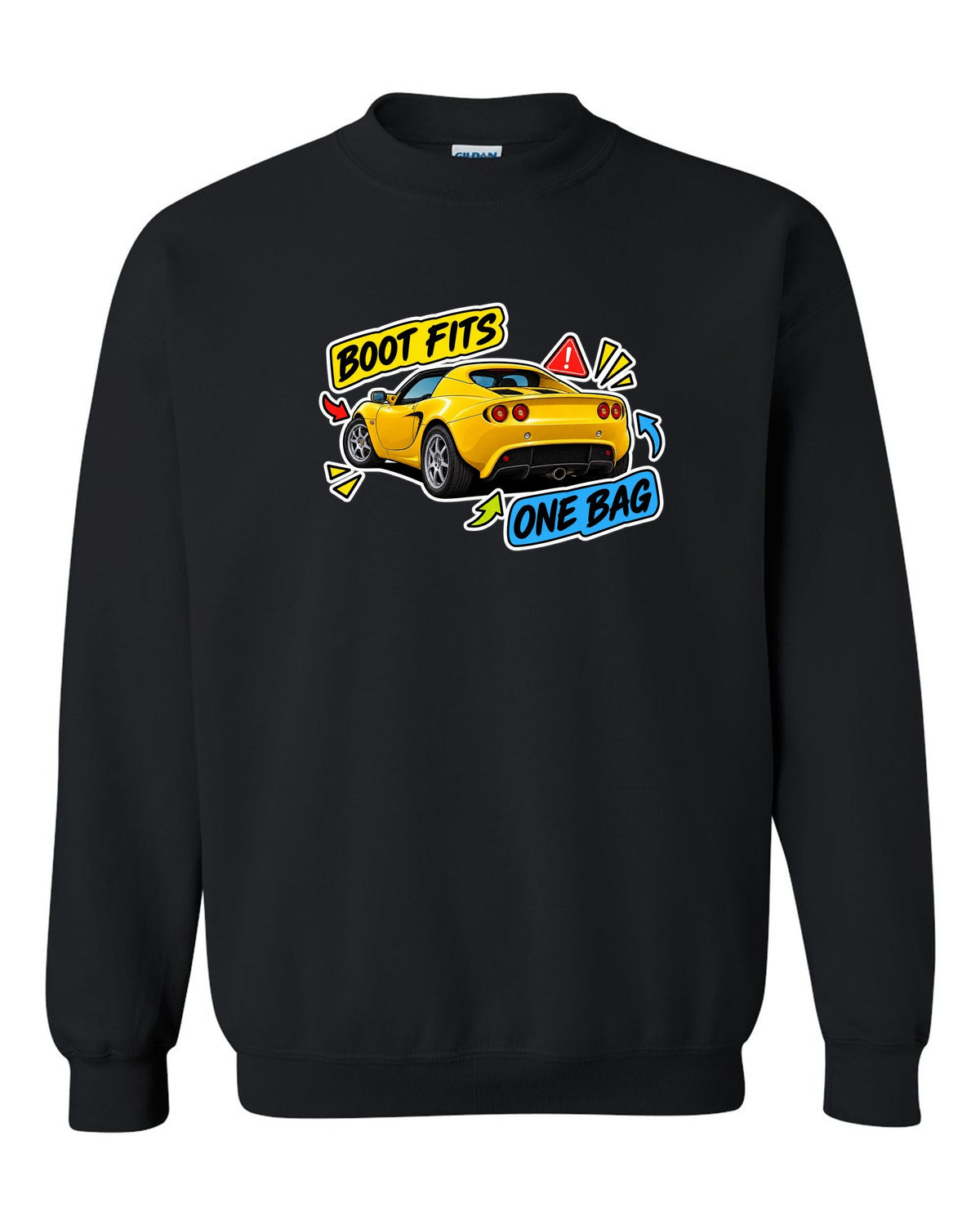 Lotus Elise S2 sticker bomb collage with BOOT FITS ONE BAG lettering black crewneck front view with the design