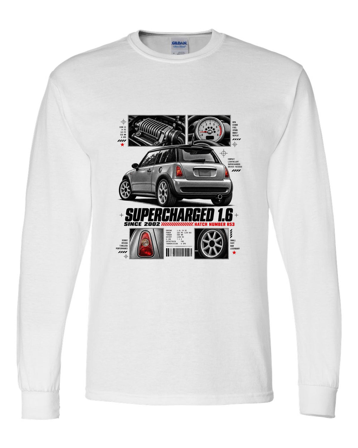 print of a Mini Cooper S R53 rear three-quarter view with detail panels and supercharged 1.6 text white long sleeve front view with the design