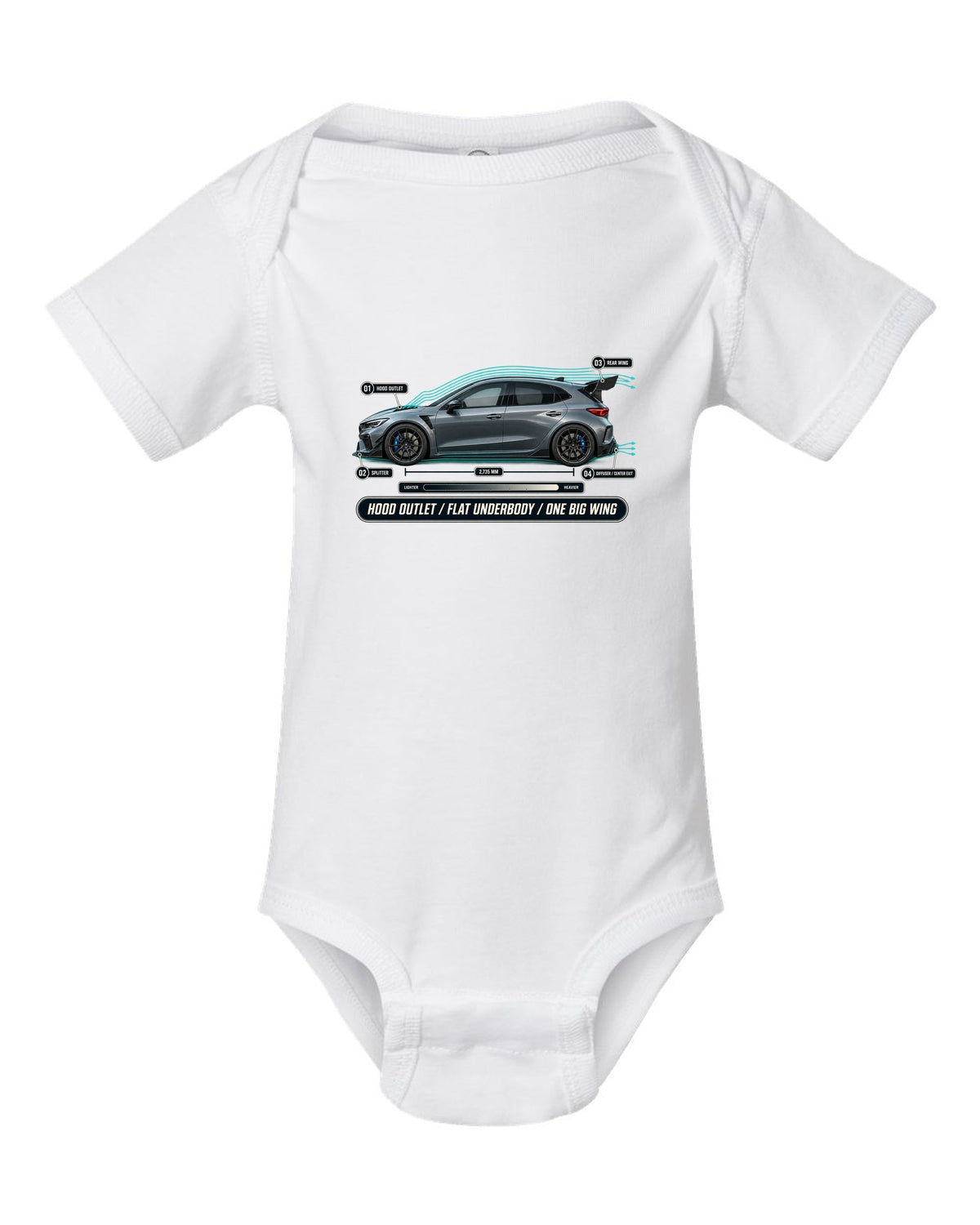 Honda Civic Type R FL5 Airflow Callouts white baby onesie front view with the design