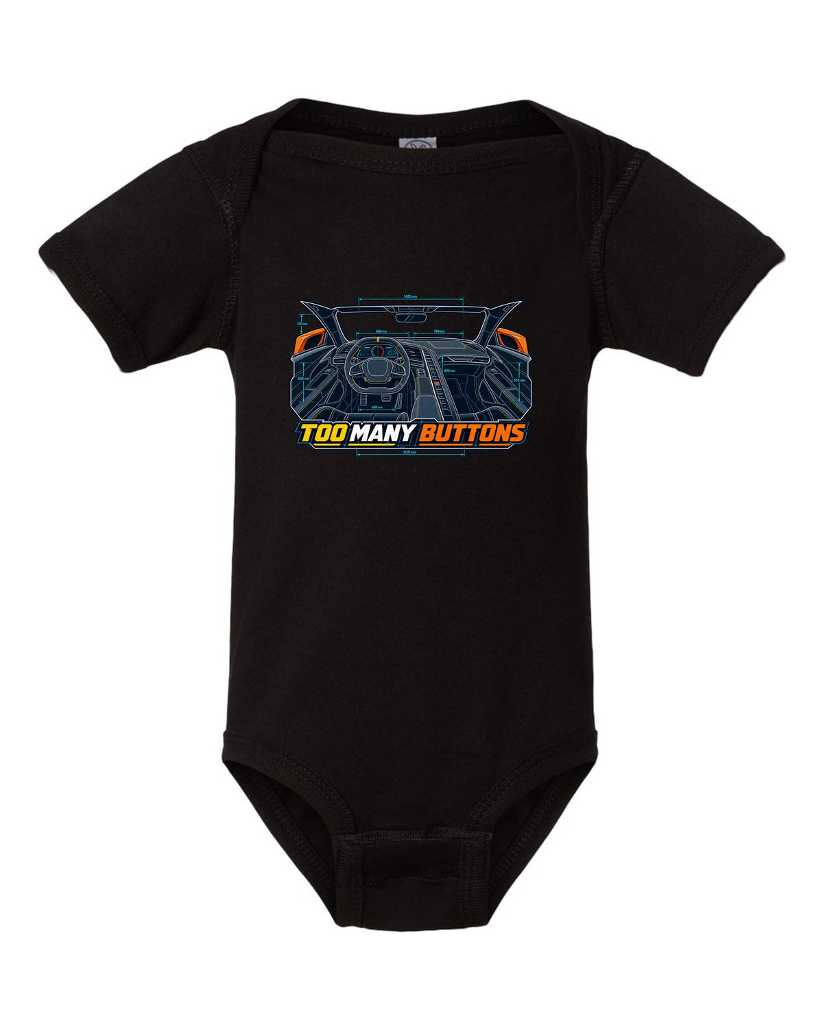 Blueprint line art print of a Chevrolet Corvette C8 Stingray cockpit with Too Many Buttons text black baby onesie front view with the design