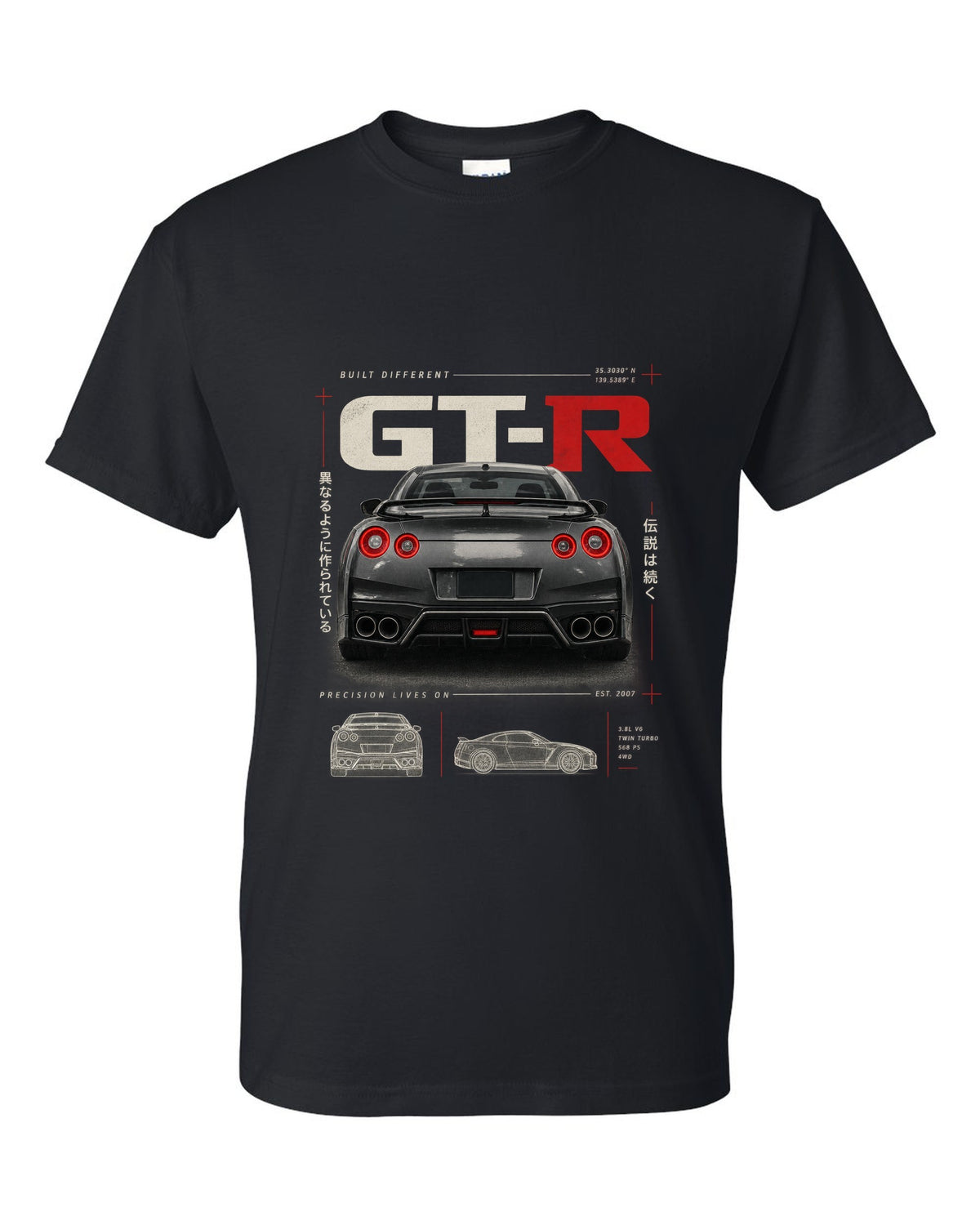 Toyota GR Supra A90 dimension blueprint in warm graphite grey with B58 spec callouts black t-shirt front view with the design