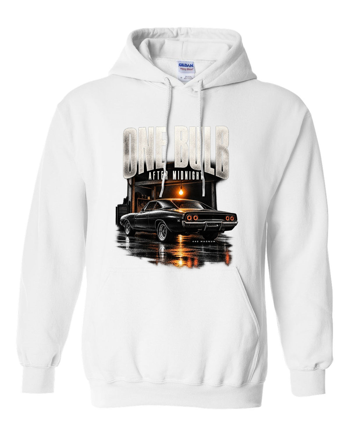 1969 Dodge Charger R/T B-body garage night print with one bulb after midnight lettering white pull over hoodie front view with the design