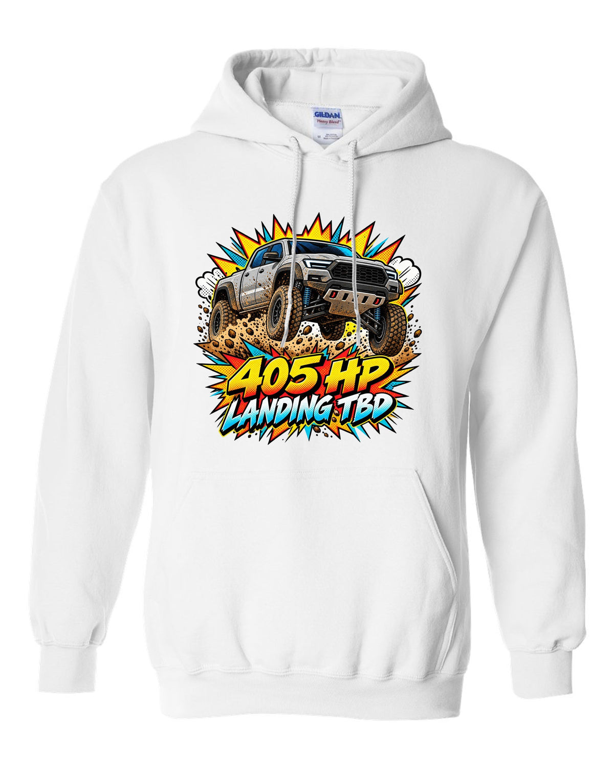 Ford Ranger Raptor P703 mid-jump in a comic pop-art burst print white pull over hoodie front view with the design